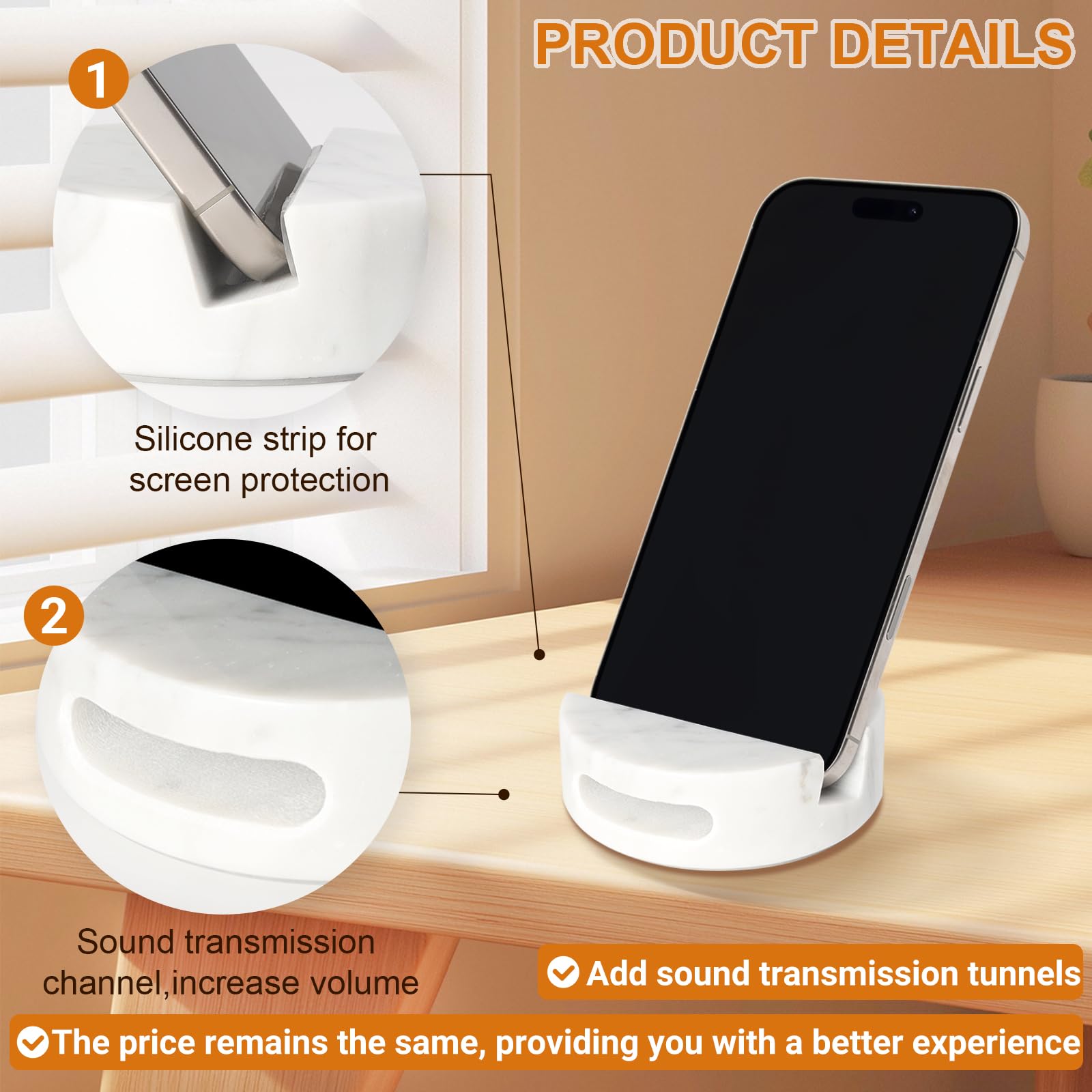 CHISELED ST DF SK Elegant and Versatile White Marble Phone Stand with Sound Amplification Round Phone Holder Function for Desk,Kitchen,Bathroom,and Bedside