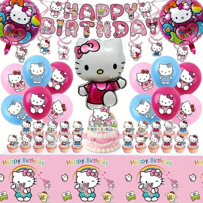 48Pcs - Kitty Birthday Party Decorations Set, with Banner, Balloons, Cake Topper, Cupcake Toppers, Hanging Swirls, Tablecloth.