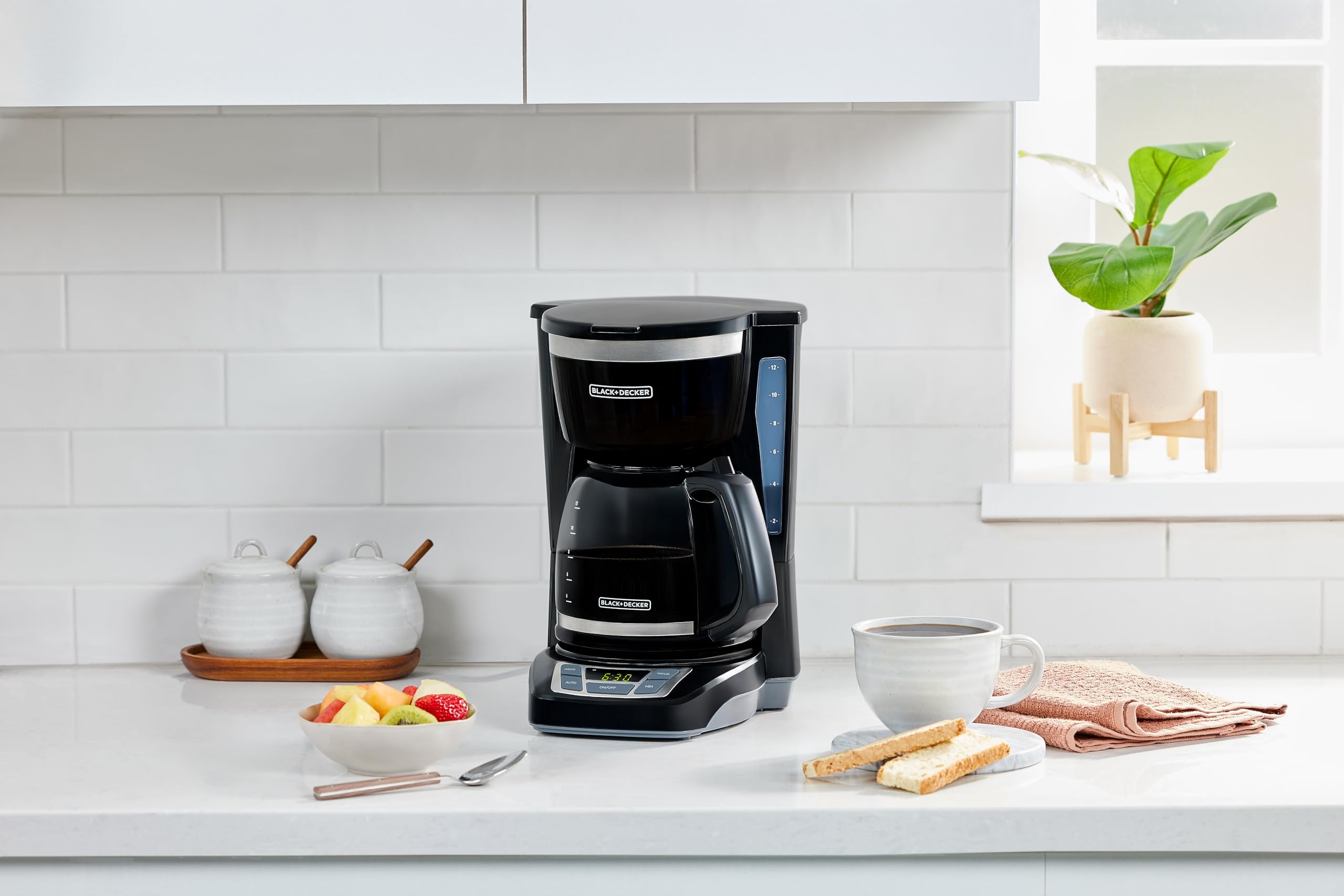 BLACK+DECKER 12-Cup Digital Coffee Maker, Programmable, Washable Basket Filter, Sneak-A-Cup, Auto Brew, Water Window, Keep Hot Plate, Black