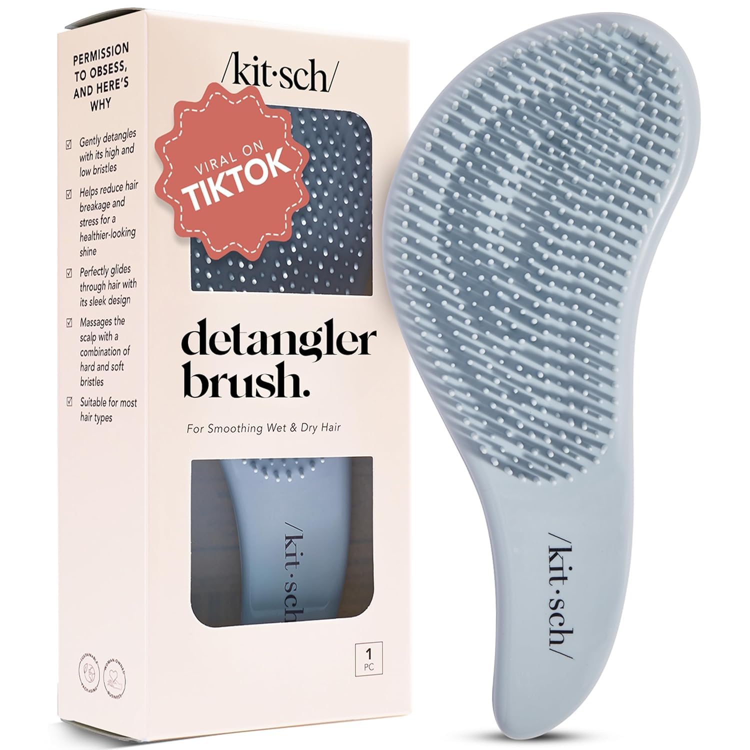 Kitsch Detangler Brush - Gentle Curly Hair Brush with Flexible Bristles for All Hair Types - Wet or Dry | Detangling Hair Brushes for Women & Men, Adults & Kids - Haze Blue