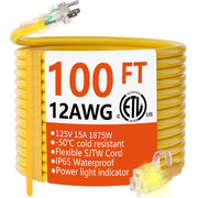 HUANCHAIN 12/3 Gauge Heavy Duty Outdoor Extension Cord 100 ft Waterproof with Lighted end, Flexible Cold-Resistant 3 Prong Electric Cord Outside, 15Amp 1875W 12AWG SJTW, Yellow, ETL