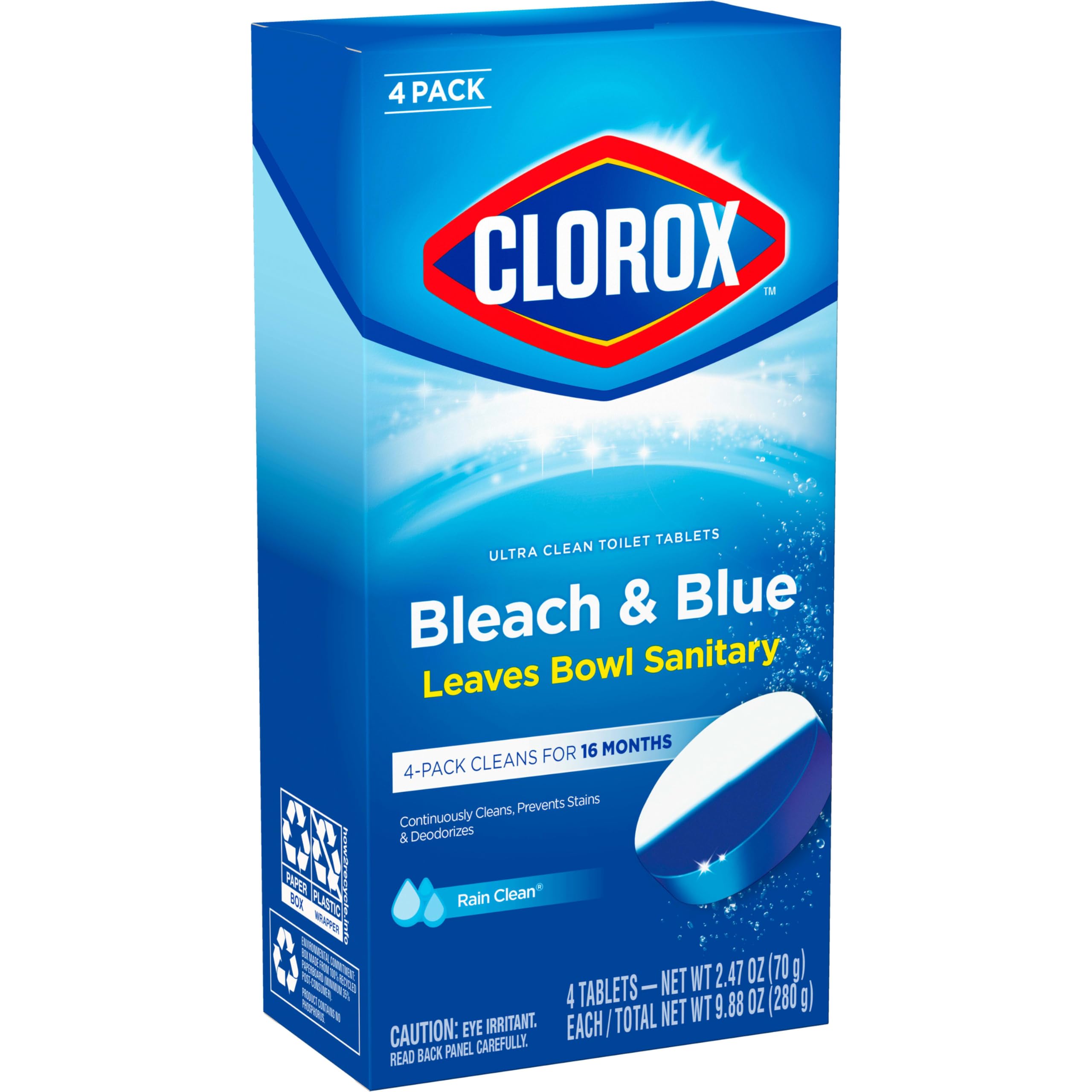 CLOROX Ultra Clean Toilet Tablets Bleach & Blue, Rain Clean Scent 2.47 Ounces Each, 4 Count (Package May Vary)