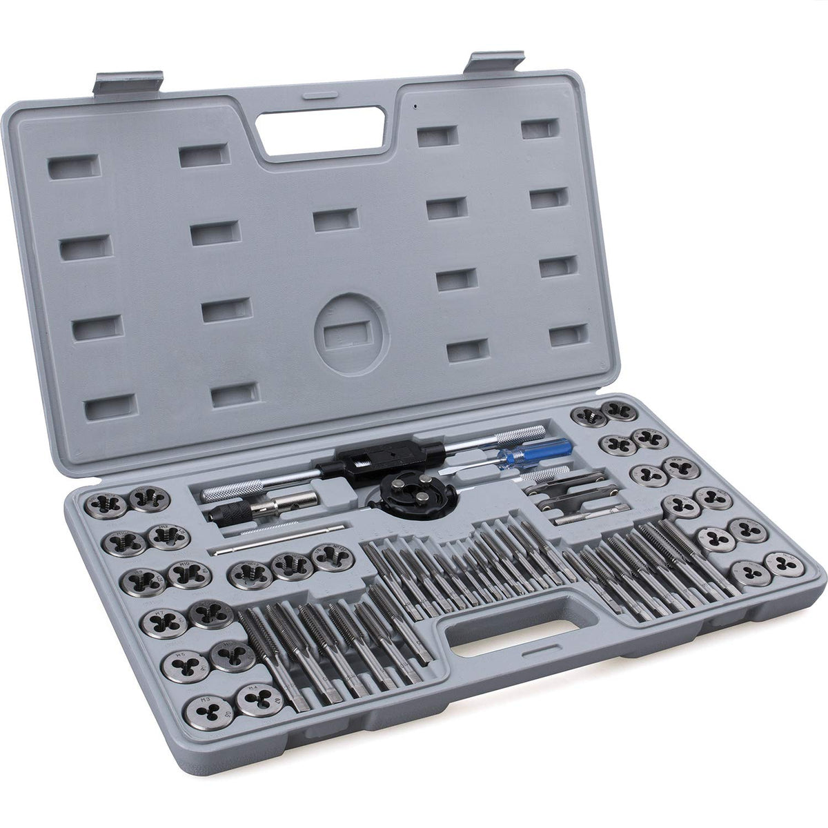 60-Pc Master Tap and Die Set - Include SAE Inch Size #4 to 1/2" and Metric Size M3 to M12, Coarse and Fine Threads | Essential Threading Rethreading Tool Kit with Complete Accessories and Storage Case