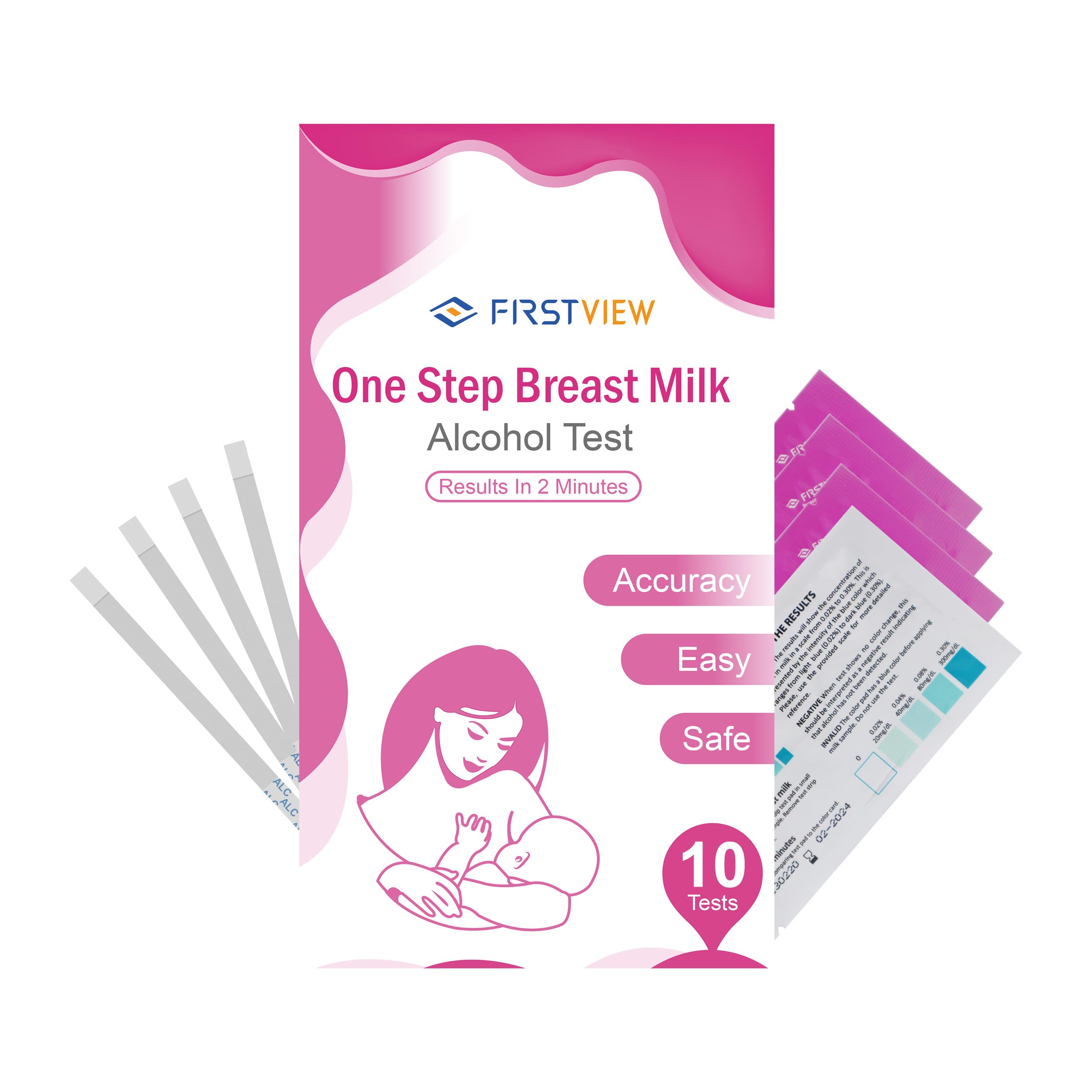 FIRSTVIEW Alkoholteststreifen für Muttermilch, erkennt Alkohol in 2 Minuten, hohe Empfindlichkeit bis 0,02 % (20 mg/dL), einfacher Tauchtest für Muttermilch, schnell und einfach anzuwenden für stillende Mütter – 10 Teststreifen