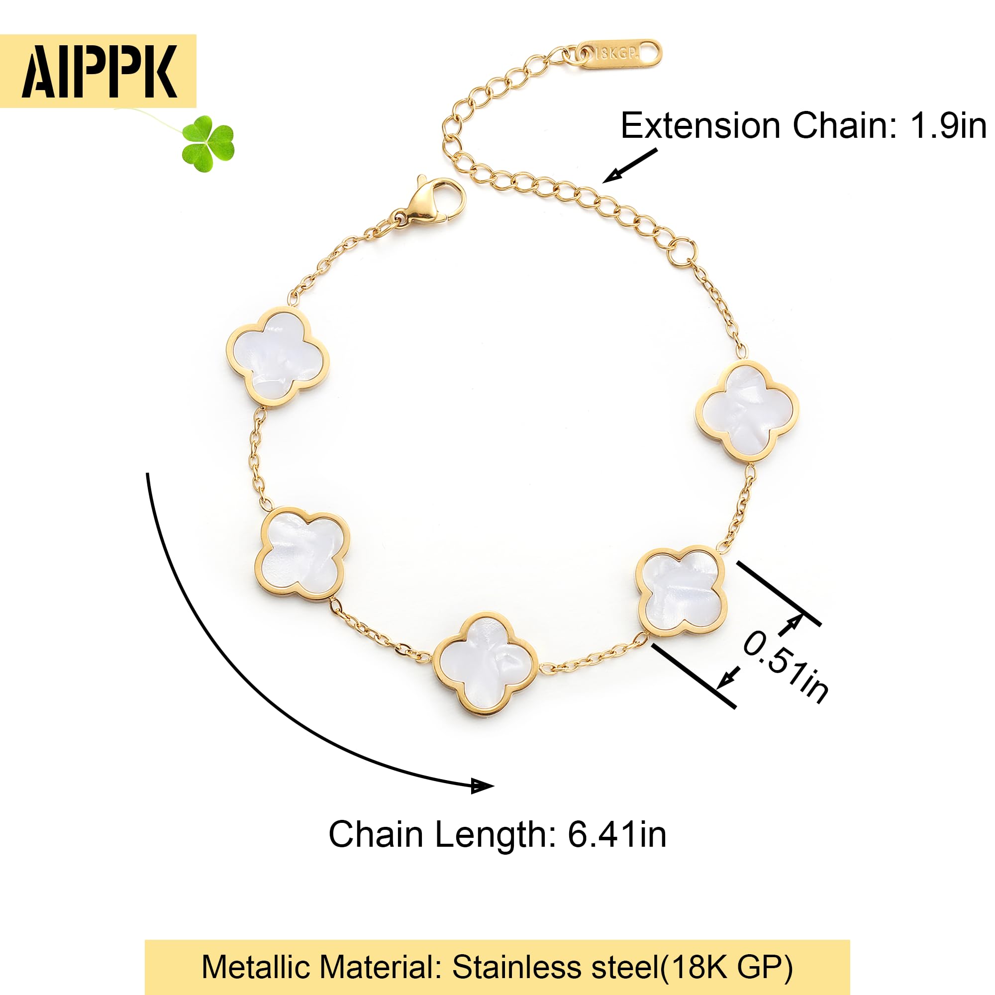AIPPK 18K Gold Plated Clover Lucky Bracelet Dupes for Women White Flower Four Leaf Bracelets Trendy Jewelry Gifts for Women