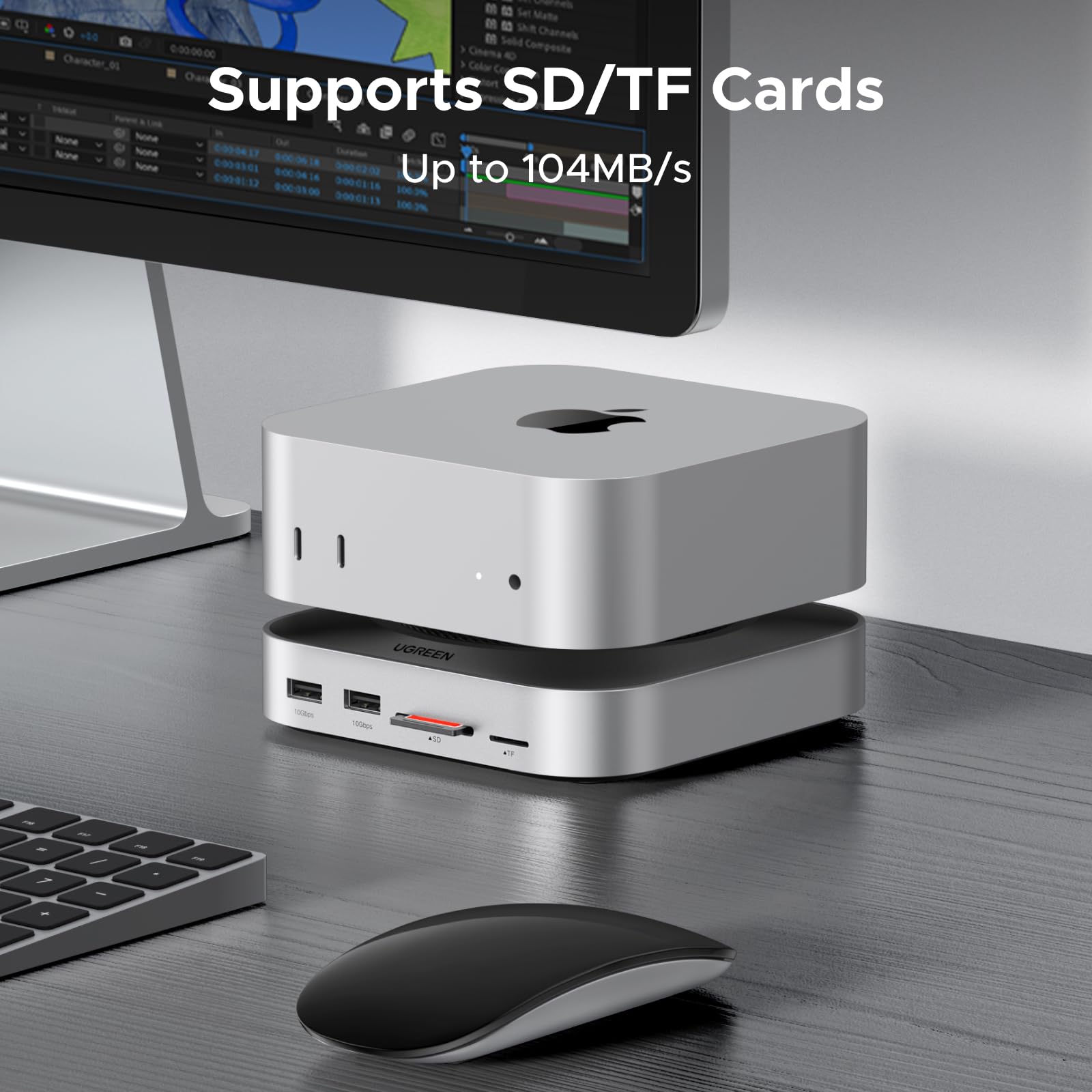UGREEN Mac mini M4 Dock & Stand with NVMe SSD Enclosure, 3 USB A 10Gbps, USB C Data Port, SD Card Reader for Mac mini M4/ M4 Pro