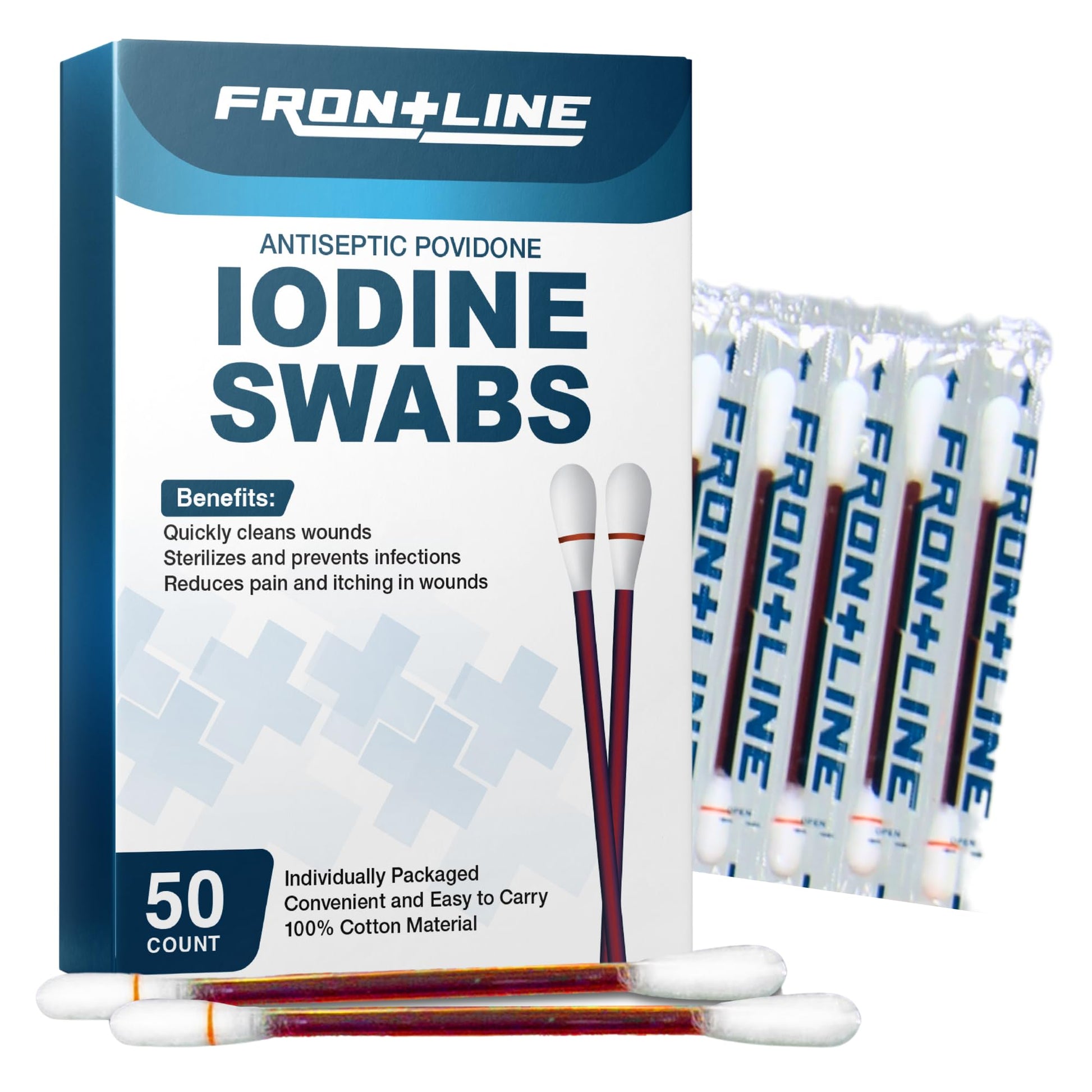 FrontLine Povidone Iodine Swabs, Antiseptic Swabsticks, Iodine Solution, Cleansing Cotton Swab, Individually Wrapped Medical Supplies, Wound Care, First Aid, Wound Cleaner, Box of 50