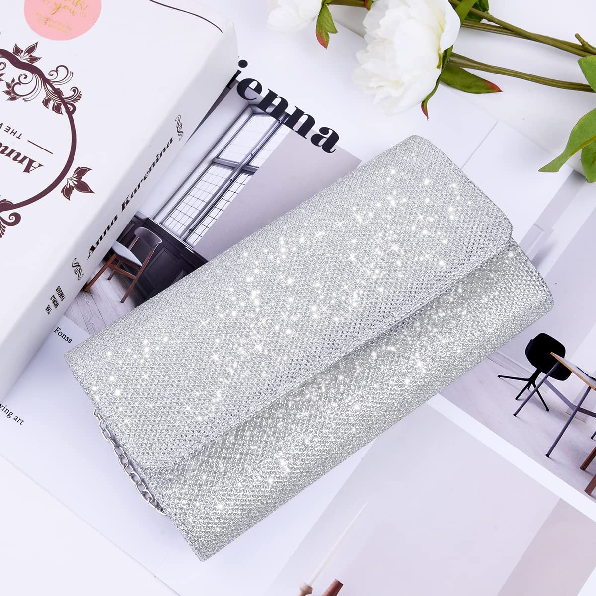 OSDUE Evening Bag Clutch Purses for Women, Glitter Evening Bag Sparkling Envelope Packet with Detachable Chain for Prom Wedding Party Banquet Date (Silver)