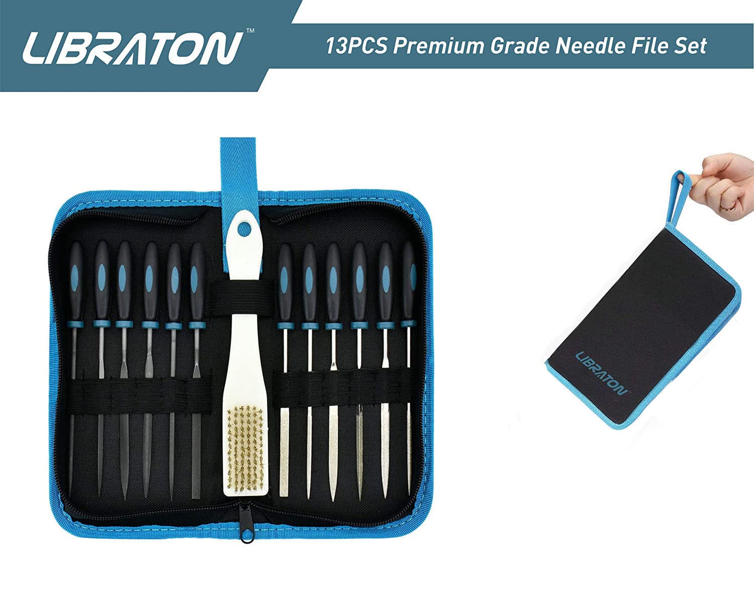 LIBRATON Small File Set, Needle Diamond Files 13PCS, 6pcs Jewlers & 6 Steel for Precision Metal Work, Wood, Woodworking, Plastic Carving Tool with Brush and Carry Case