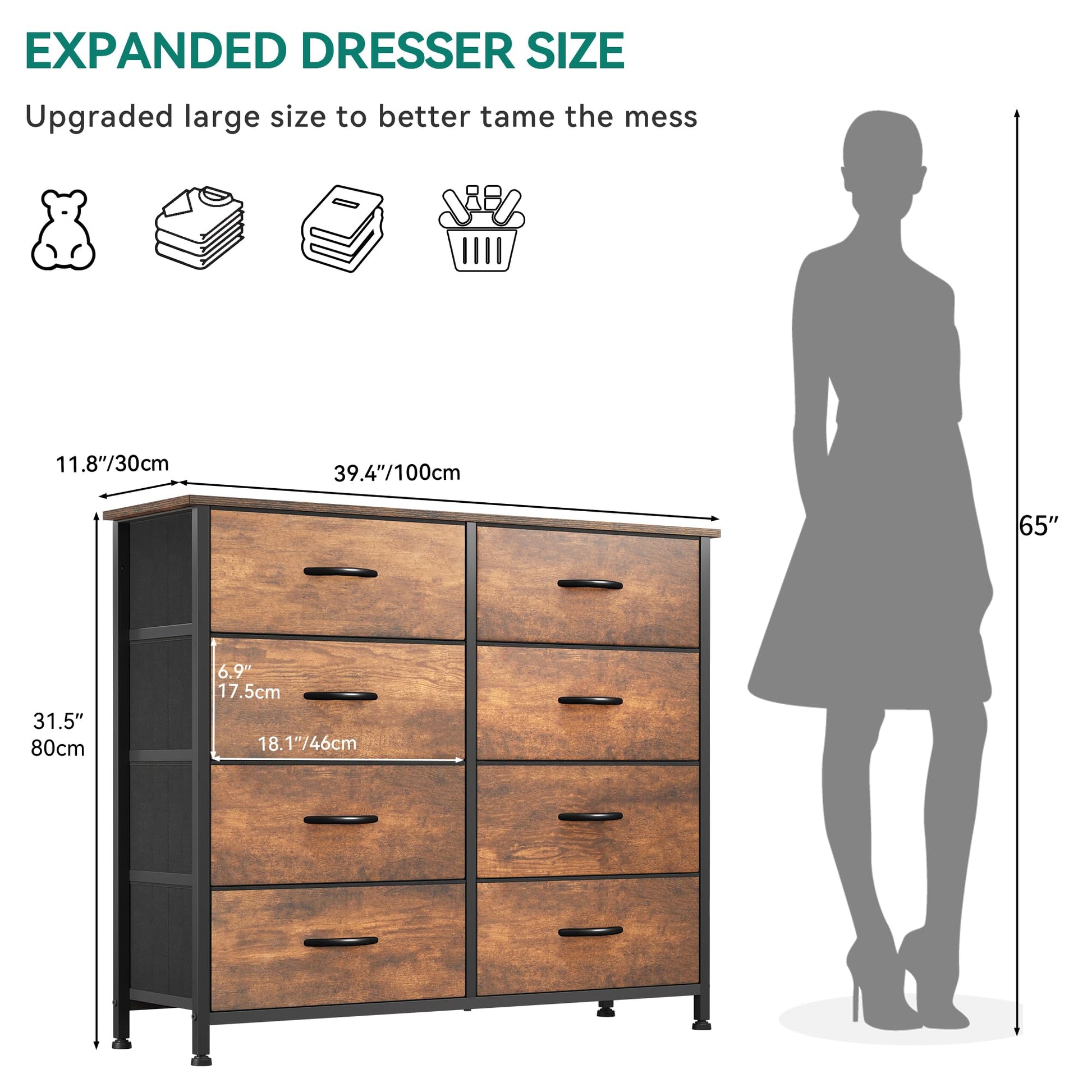 YITAHOME 8 Drawers Fabric Dresser, Furniture Storage Tower Cabinet, Organizer for Bedroom, Living Room, Hallway, Closet, Sturdy Steel Frame, Wooden Top, Easy-to-Pull Fabric Bins