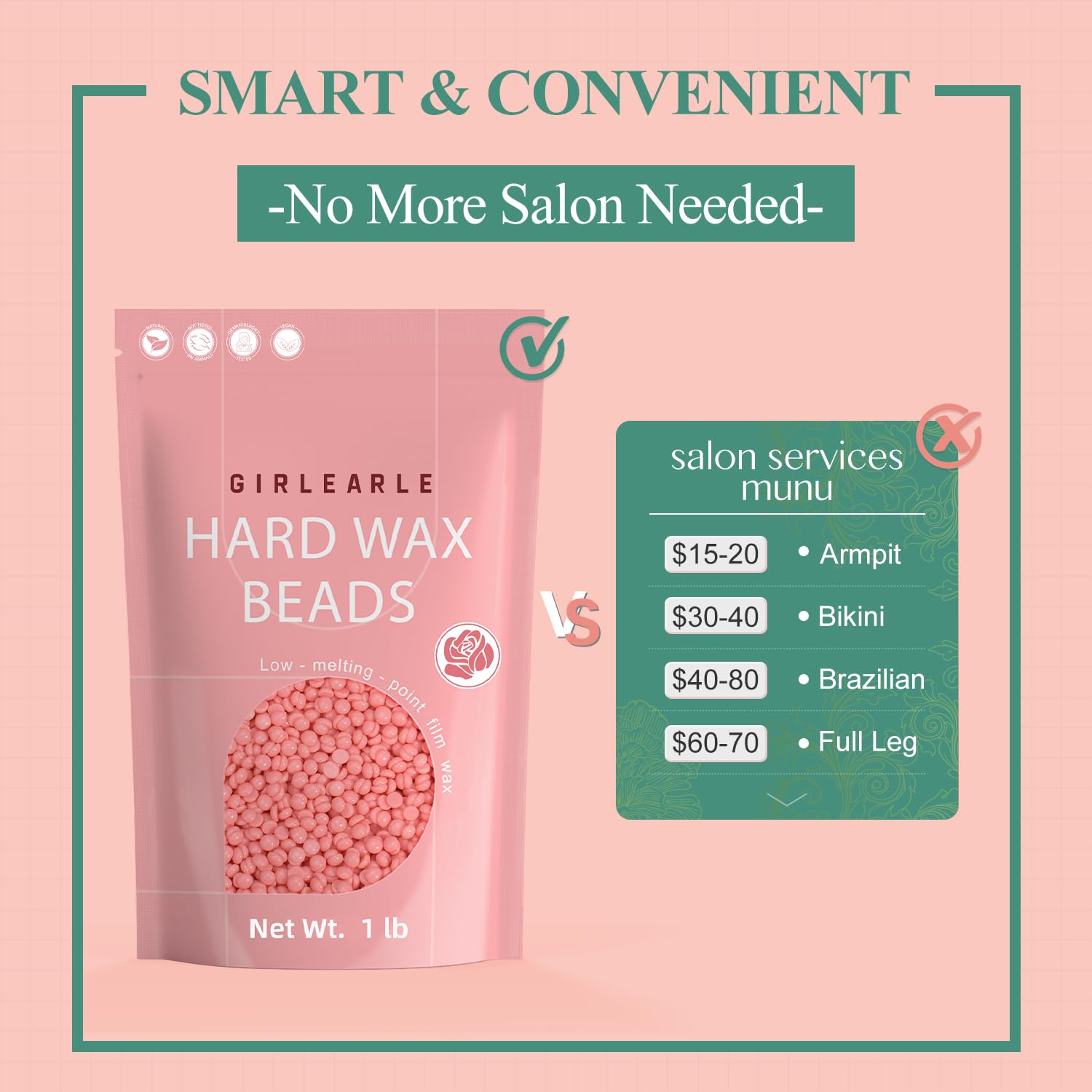GIRLEARLE Hard Wax Beads, 1lb Wax Beans for Hair Removal Sensitive Skin with Rose Formula, Perfect for Full Body, Facial, Brazilian Bikini, and Legs at Home Wax Refill for Women Men (pink)