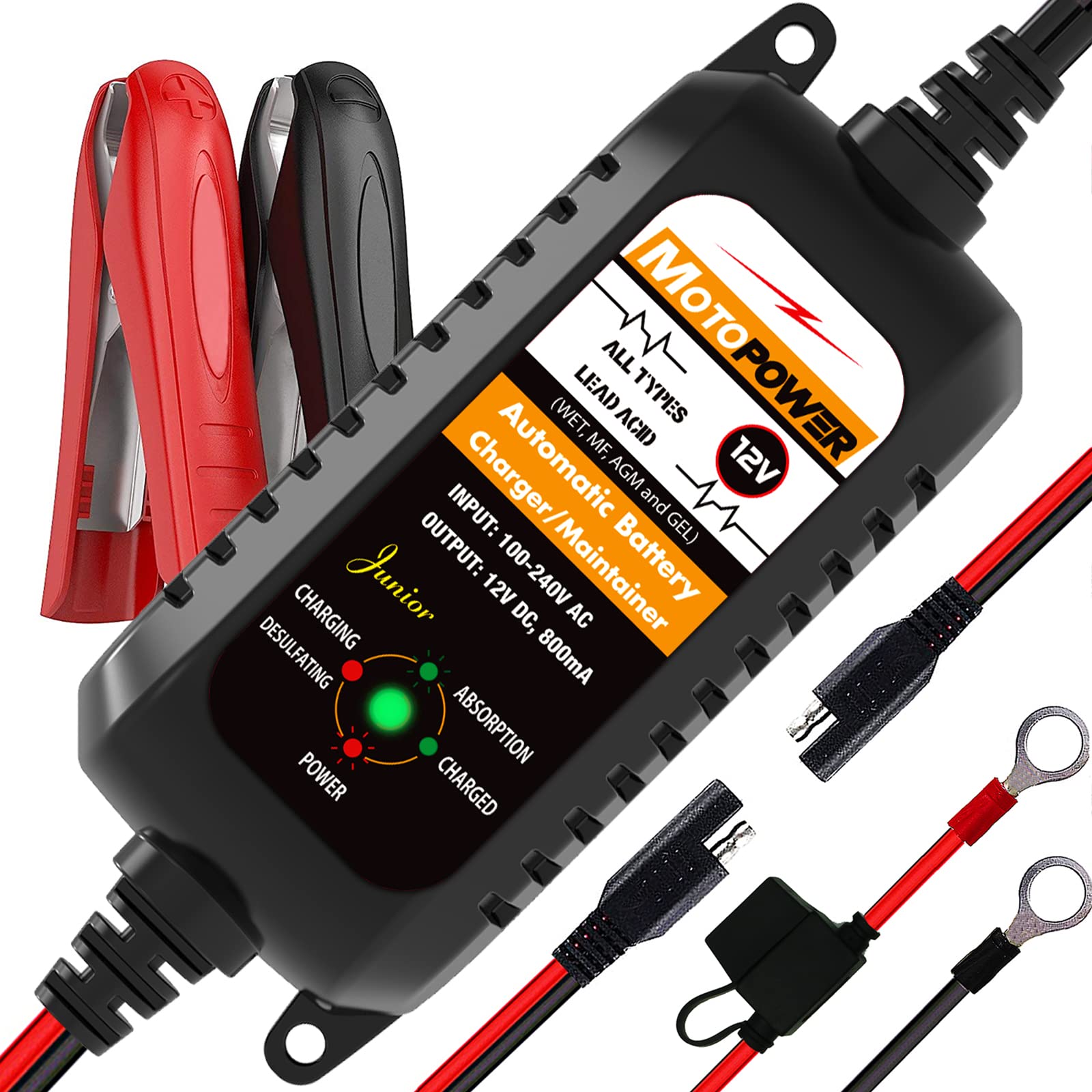 MOTOPOWER MP00205A 12V 800mA Automatisches Batterieladegerät, Erhaltungsladegerät, Tropf- und Entsulfatierungsgerät