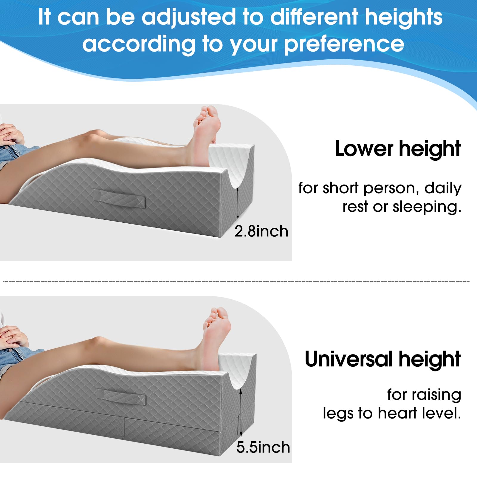 TranquilRelax Elevation Pillows for Leg After Surgery, Memory Foam Adjustable Leg Wedge Pillow for Injury or Rest, Ankle Pillow for Sleeping Blood Circulation Grey