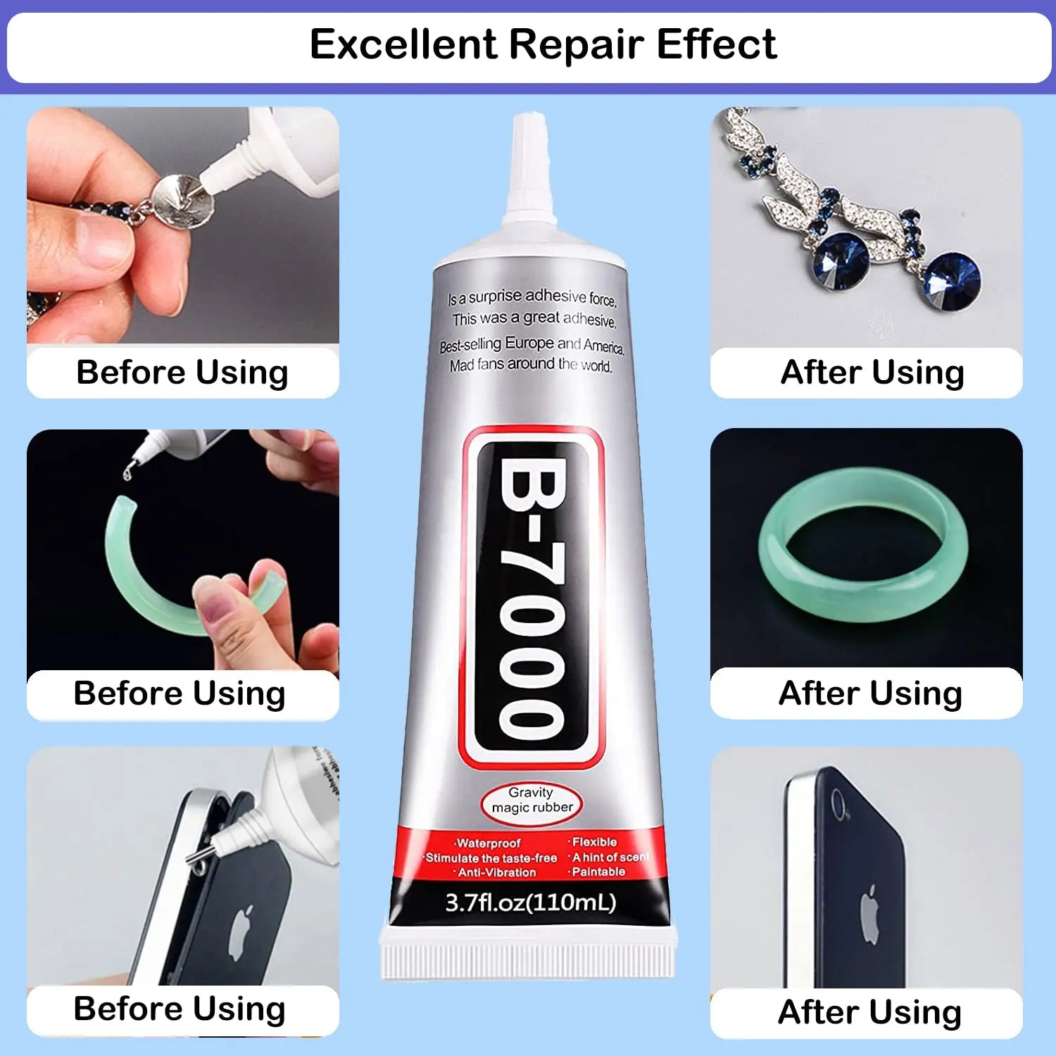 B7000 Adhesive Rhinestones Glue for Crafts, 2PCS 110ml / 3.7 fl oz with 5 Dotting Pen Tool, Wax Pencil and Tweezer, Jewelry Glue for DIY Craft, Makeup, Shoes, Jewelry Making, Nail Art