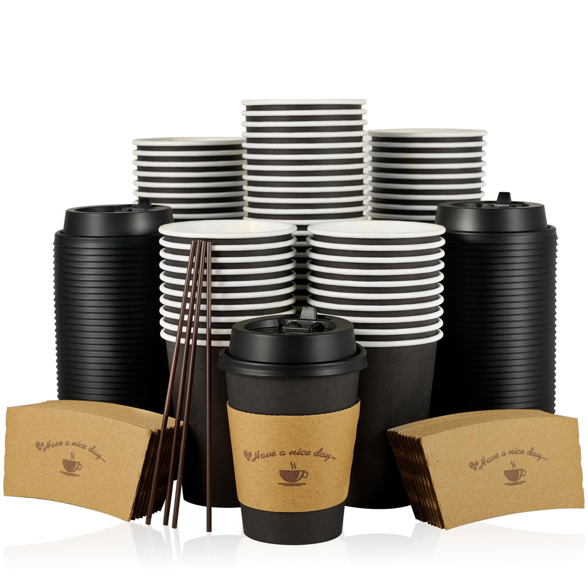 LITOPAK 100 Pack 12 oz Paper Coffee Cups for Hot Chocolate Drinks, Black Disposable Coffee Cups with Lids, Sleeves and Stirring Sticks for Parties, Picnic, Travel, and Events