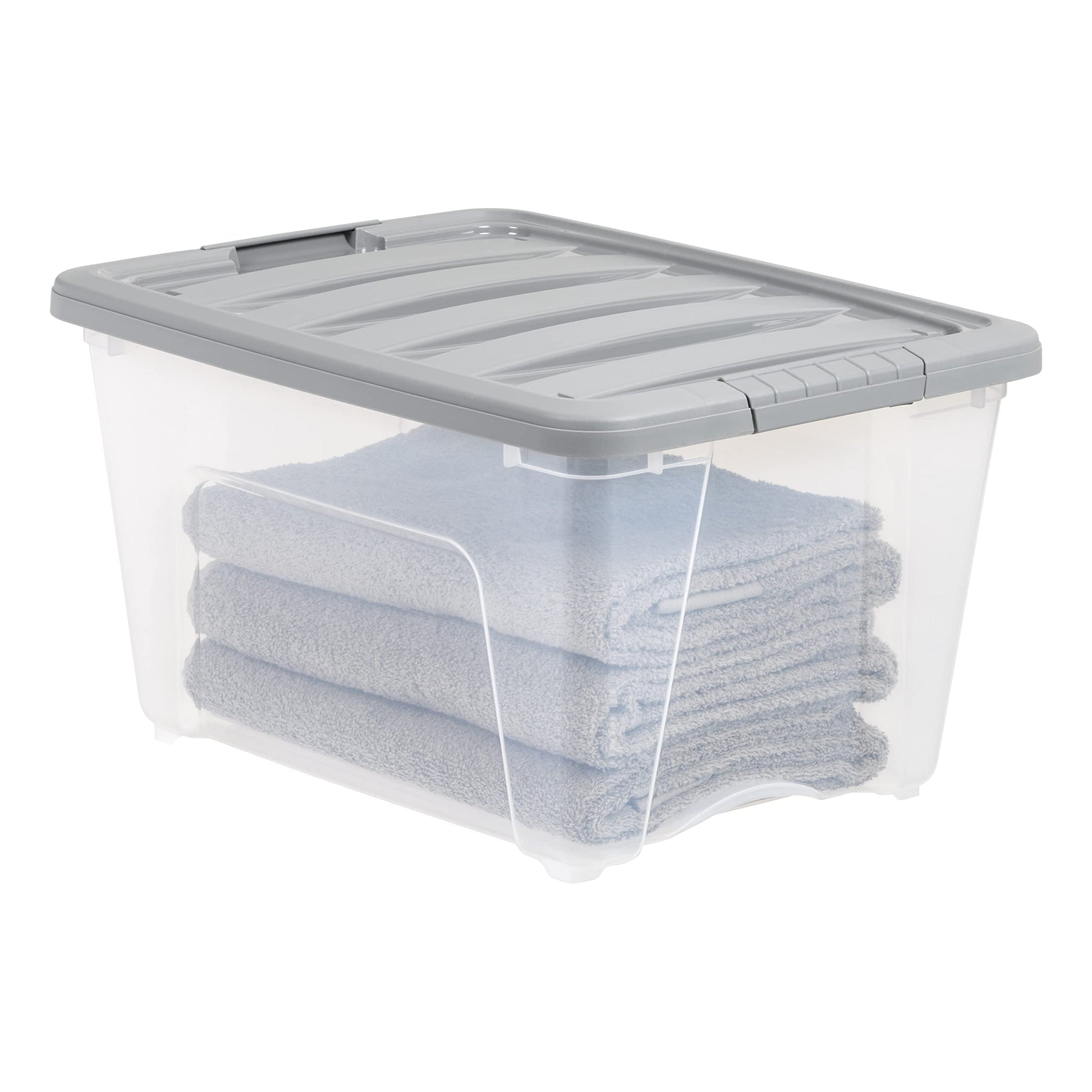 Amazon Basics Plastic Storage Containers with Secure Latching Lids, Stackable Organization Bins, 32 Quart, Set of 6, Clear/Grey