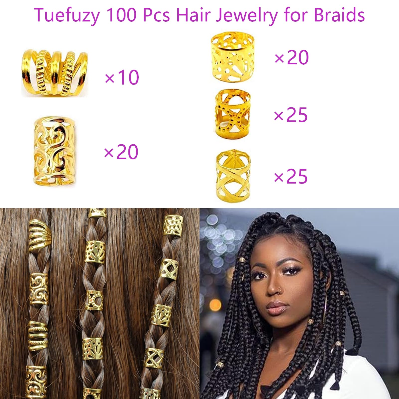 Gold Hair Jewelry Braid, Tuefuzy 100 Pcs Hair Accessory, Hair Dreadlock Accessory Braid, Metal Gold Braids Rings Cuffs Clips for Dreadlock Accessory Jewelry Decorations