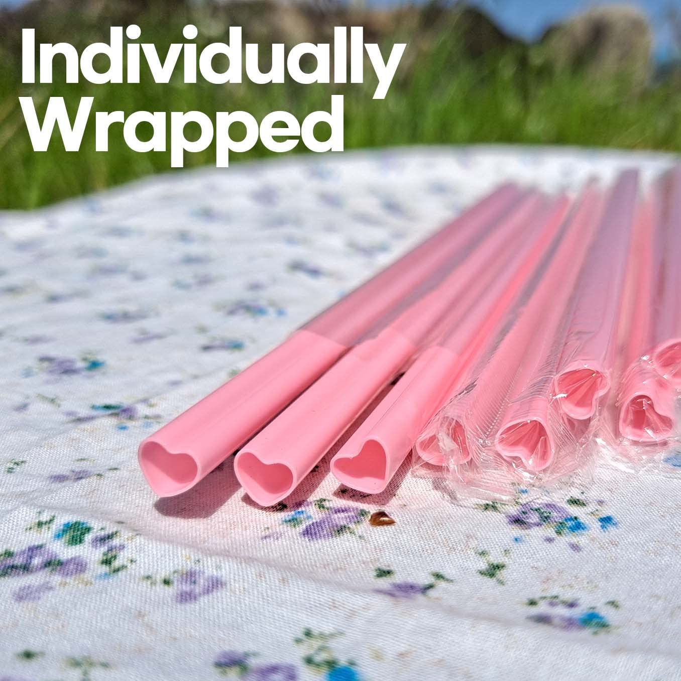 The best MOON 100pcs Heart Shaped Pink Straws Disposable Drinking Cute Straw Individually Wrapped Pink Plastic Straw Galentines Day, Cocktail, Birthday Party, Bridal Shower, Wedding Decorations