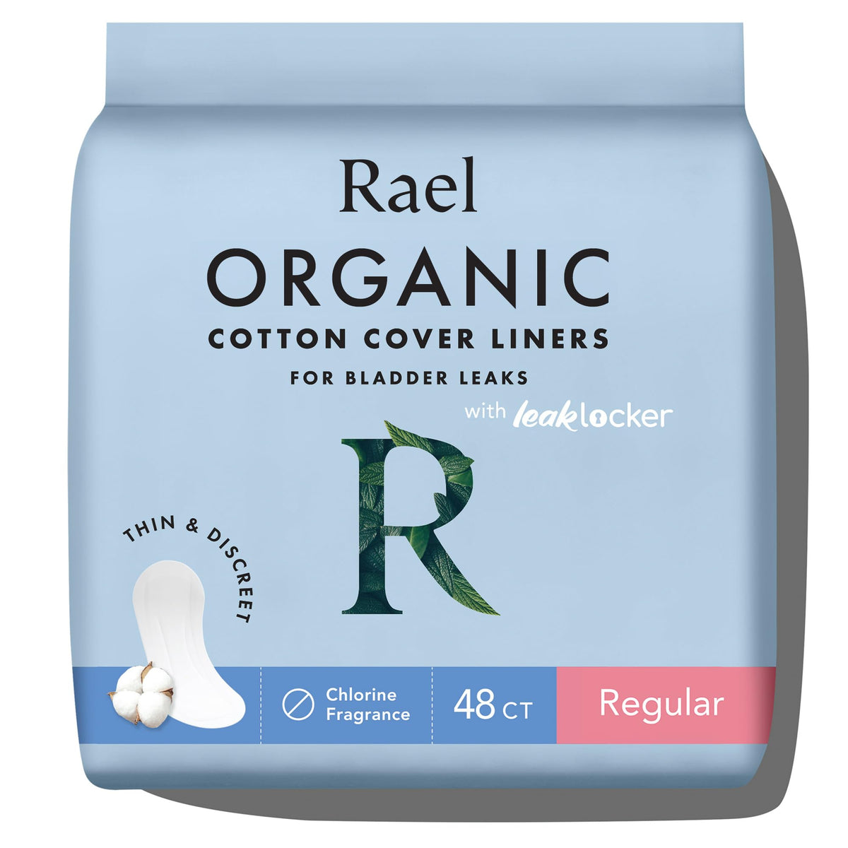 Rael Incontinence Liners for Women, Organic Cotton Cover, Postpartum Essential, Moderate Absorbency, Bladder Control, 4-Layer Core with Leak Guard Technology (Regular, 48 Count)