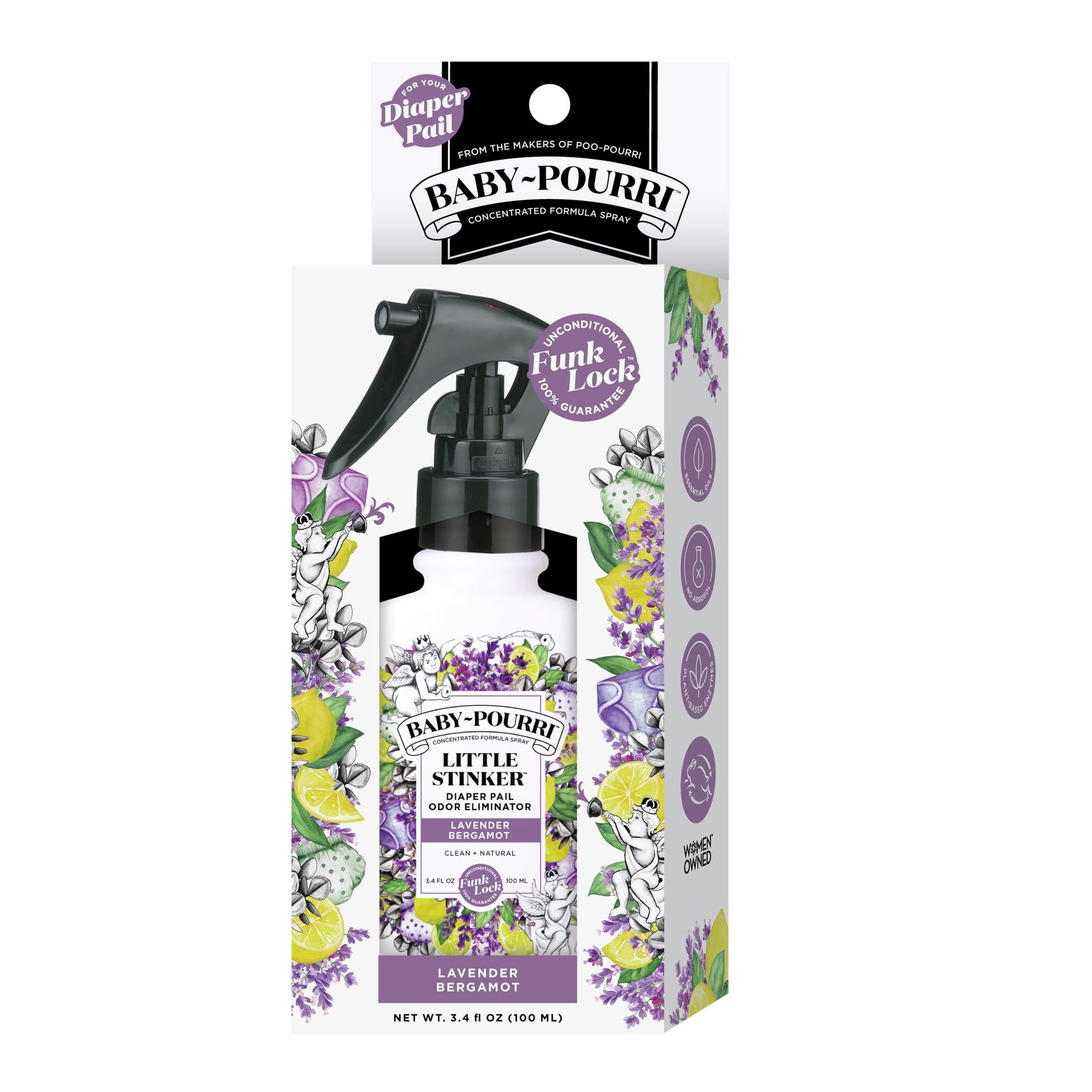 Baby-Pourri Little Stinker Diaper Pail Deodorizer Spray, 3.4 Fl Oz, Up to 150 Uses, Odor Freshener with Essential Oils, Nursery Essentials, Lavender, Bergamot, Eucalyptus & Vanilla Scent