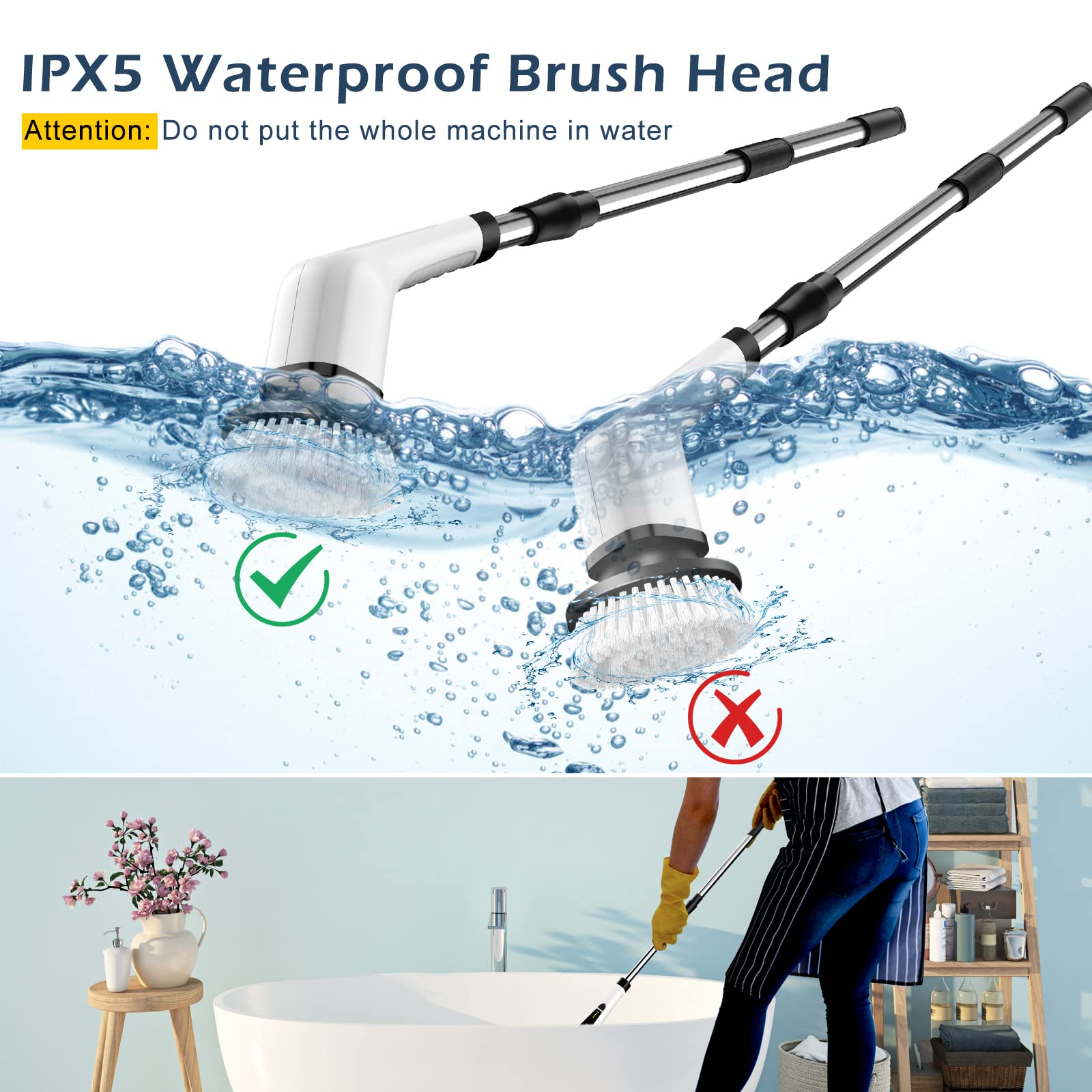 Bomves Electric Spin Scrubber, Cordless Cleaning Brush Scrubber for Home, 8 Replaceable Brush Heads-90Mins Work Time, 3 Adjustable Size, 2 Speeds for Bathroom Shower Bathtub Glass Car