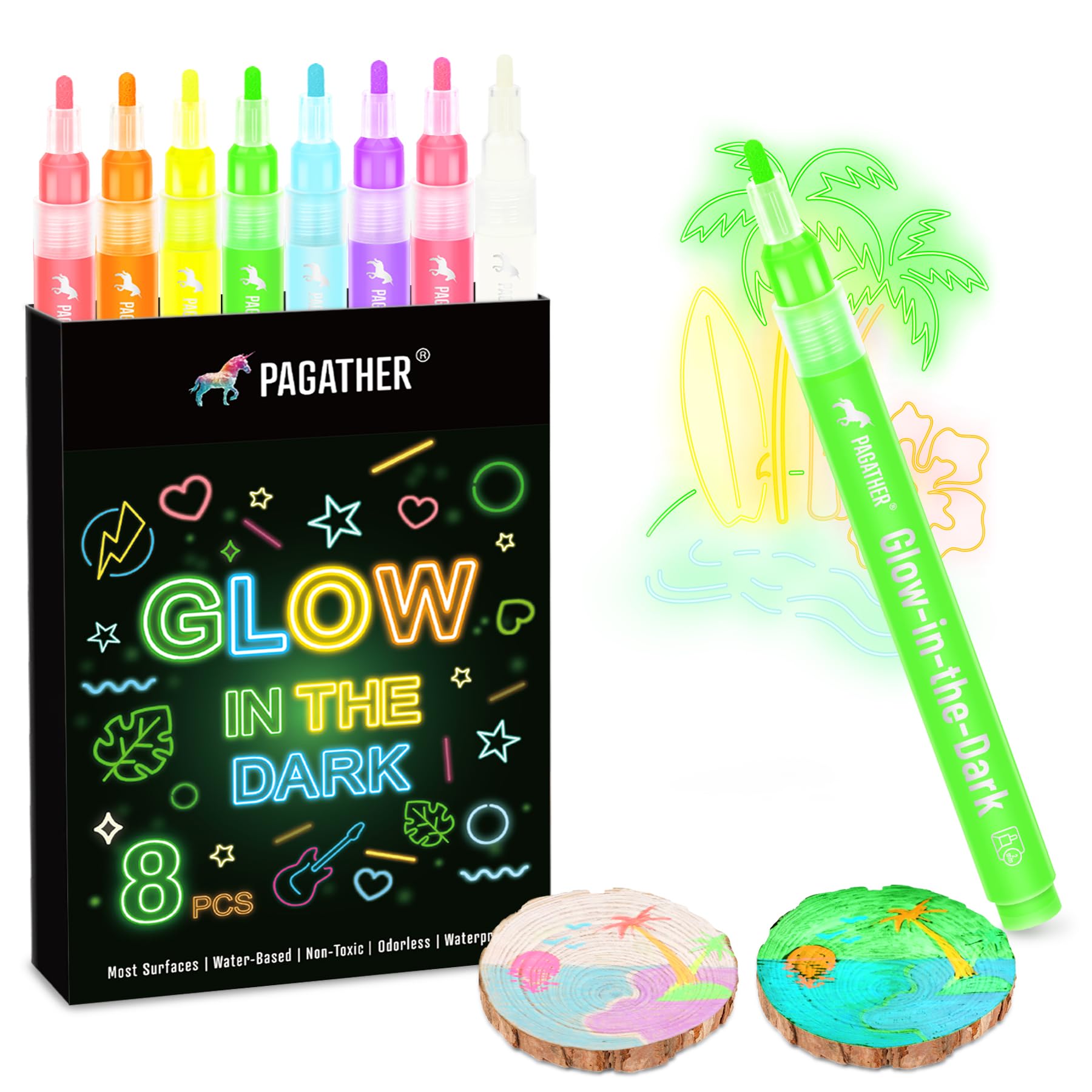 8 Colors Glow in the Dark Markers - 2mm Round Tip Neon Fluorescent Paint Pens for Rock Painting, Fabric, Glass, Wood, and DIY Crafts
