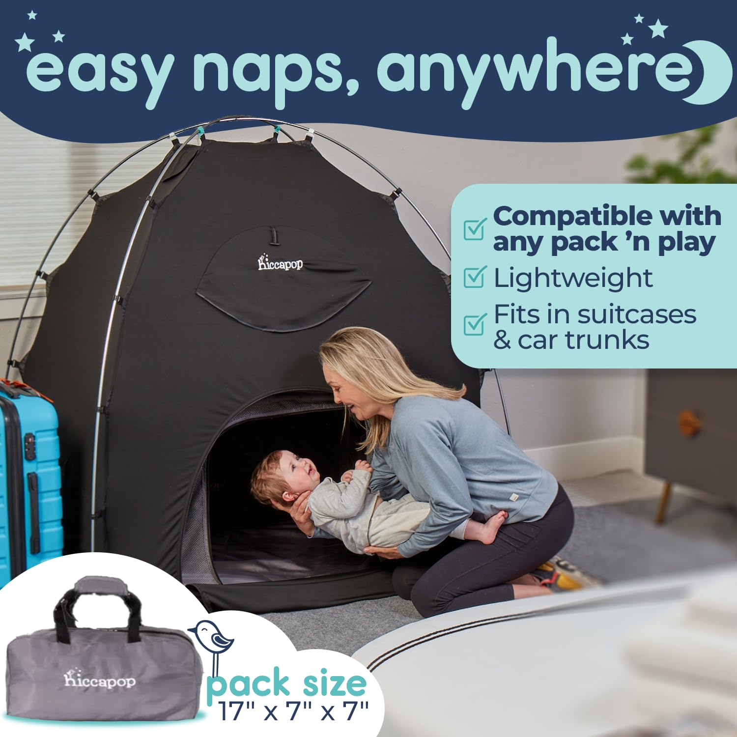 Hiccapop Daydreamer Blackout Tent for Pack and Play, Patented Portable Crib Tent, Blackout Canopy Crib Cover, Sleep Pod for Kids, Black