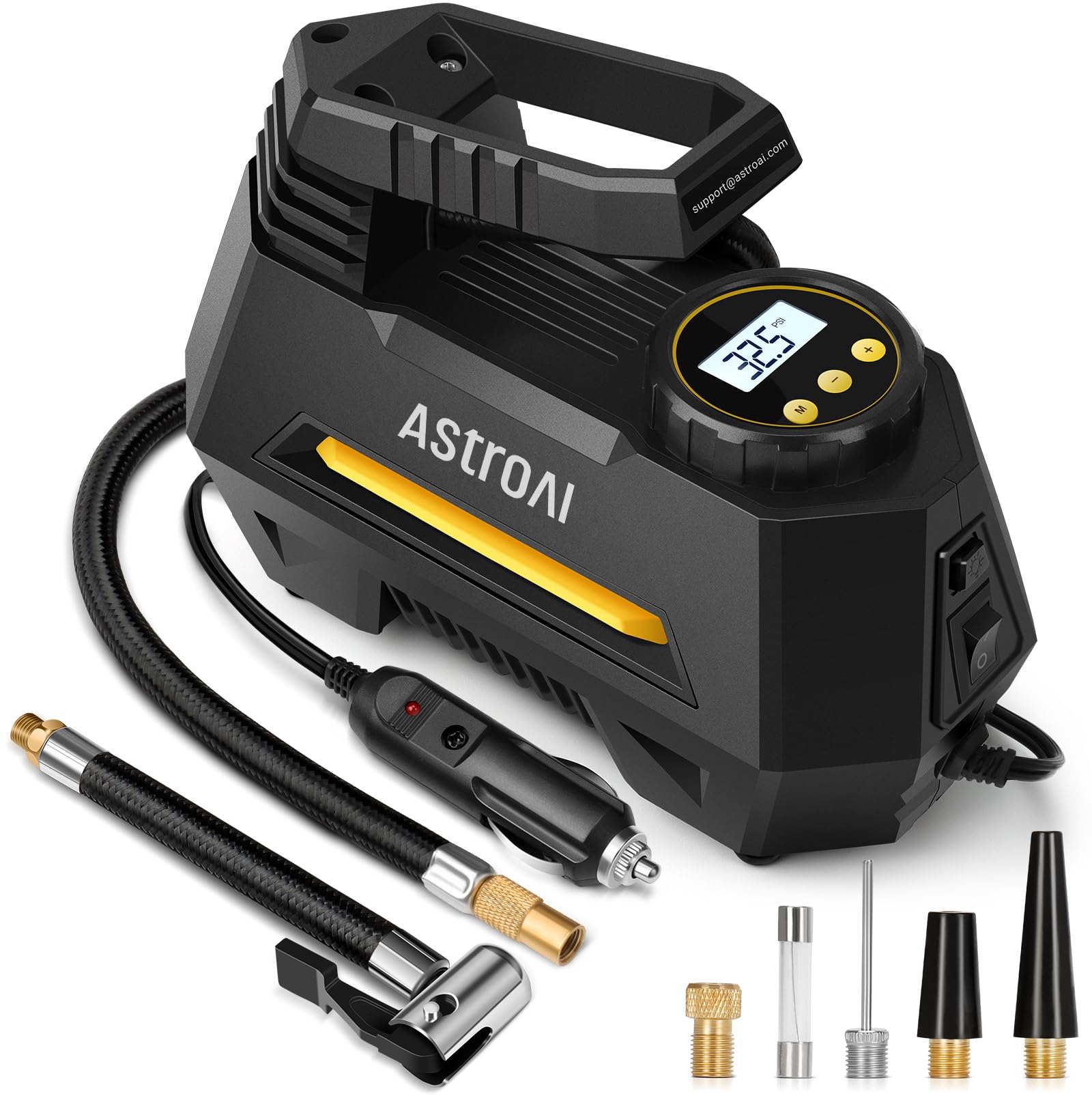 AstroAI Reifenfüller Tragbarer Luftkompressor Luftpumpe für Autoreifen – Autozubehör, 3 m Kabel – 12V DC-betrieben mit digitaler Druckanzeige, Notfall-LED-Licht für Fahrrad, Ballons, Gelb