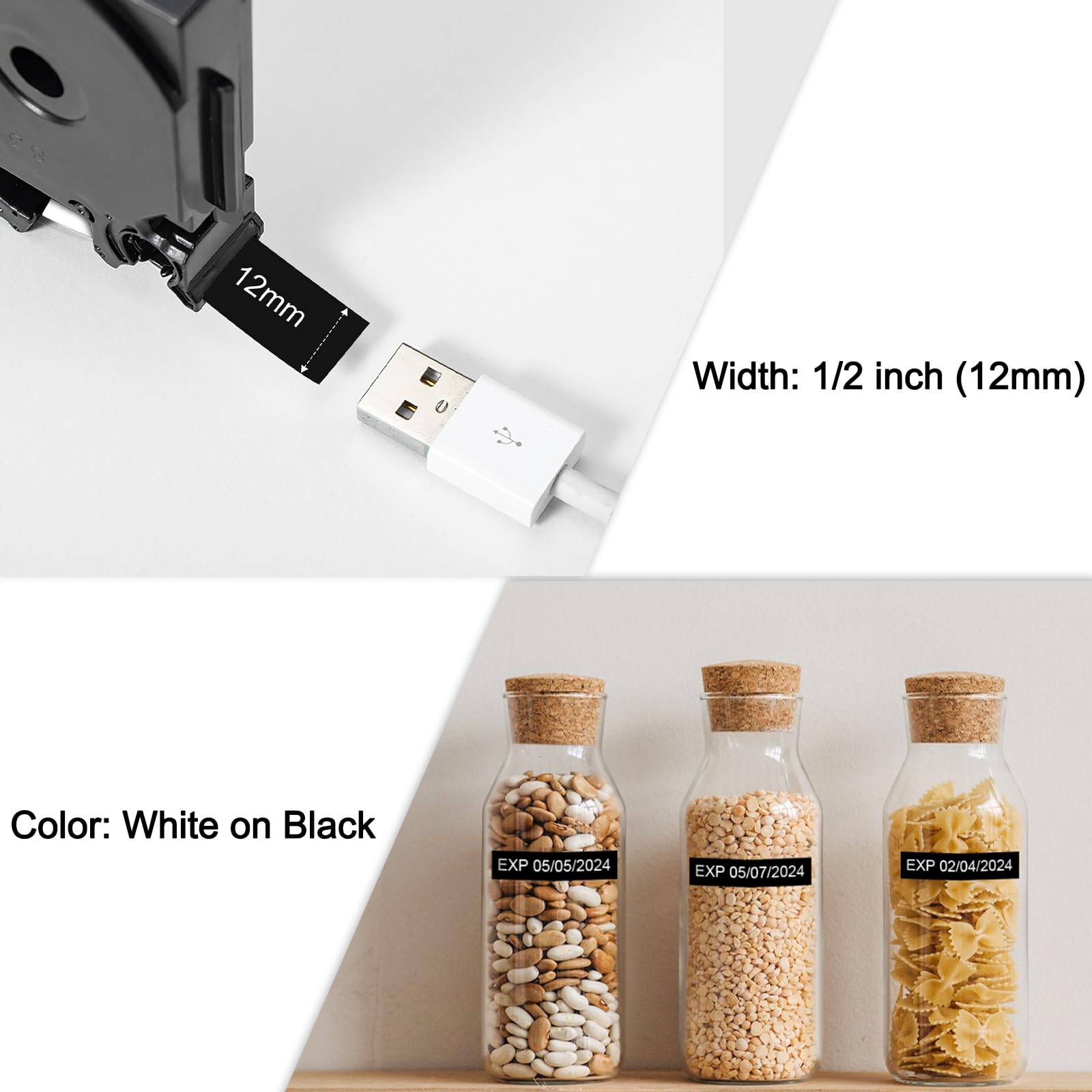 Labelife Label Maker Tape Black Replacement for Brother TZe-335 TZe335 P Touch Label Tape White on Black TZe TZ 12mm 0.47 Laminated for Brother PT-D210 PT-D220 PT-H110 PT-D400 PT-D600, 4-Pack