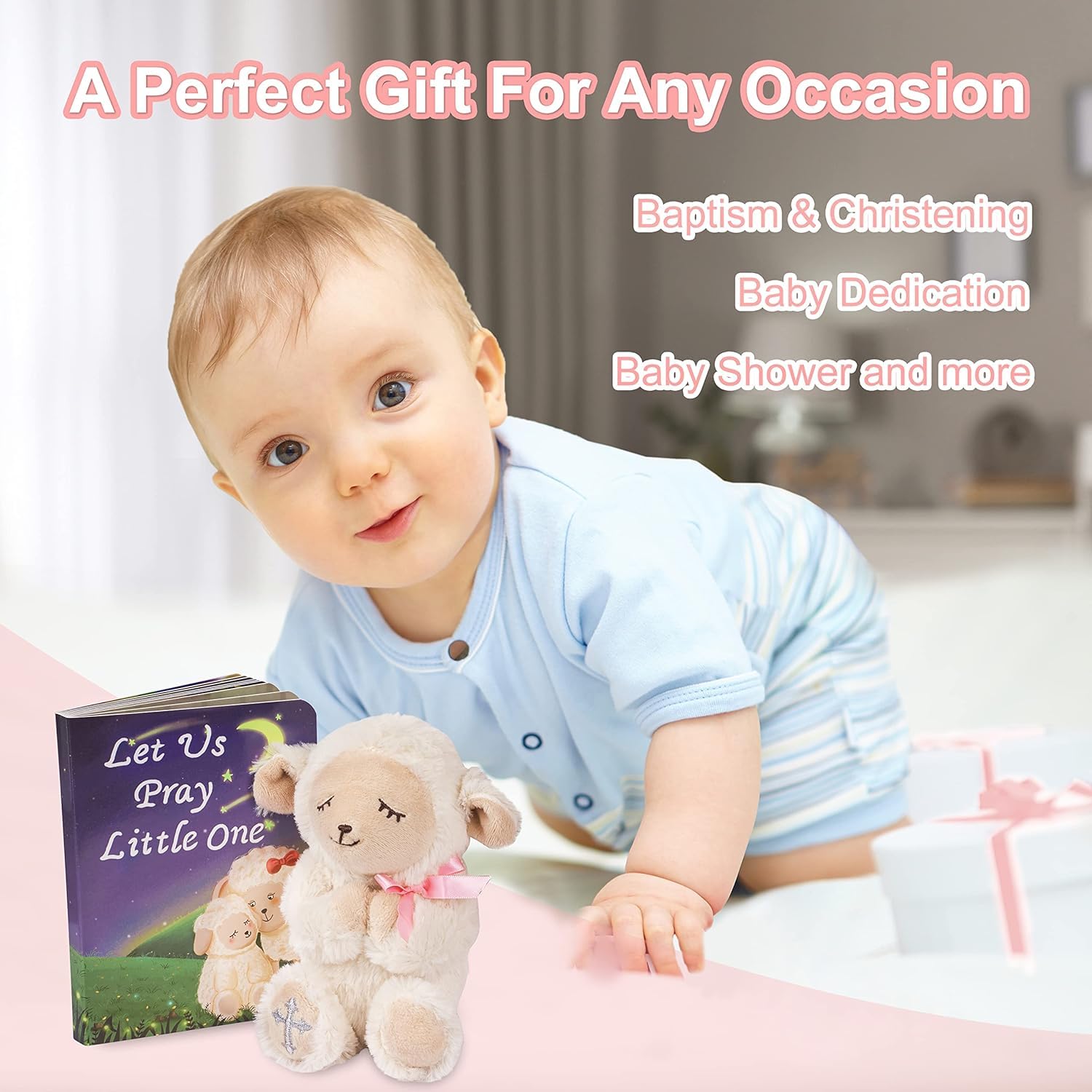 MyMateZoe Baptism Gifts for Boys, Great Christening, Dedication and Baptism Gift Set for Boys and Newborn Baby, Includes 7" Praying Lamb Plush Toy and Let Us Pray Baby Book in Keepsake Gift Box