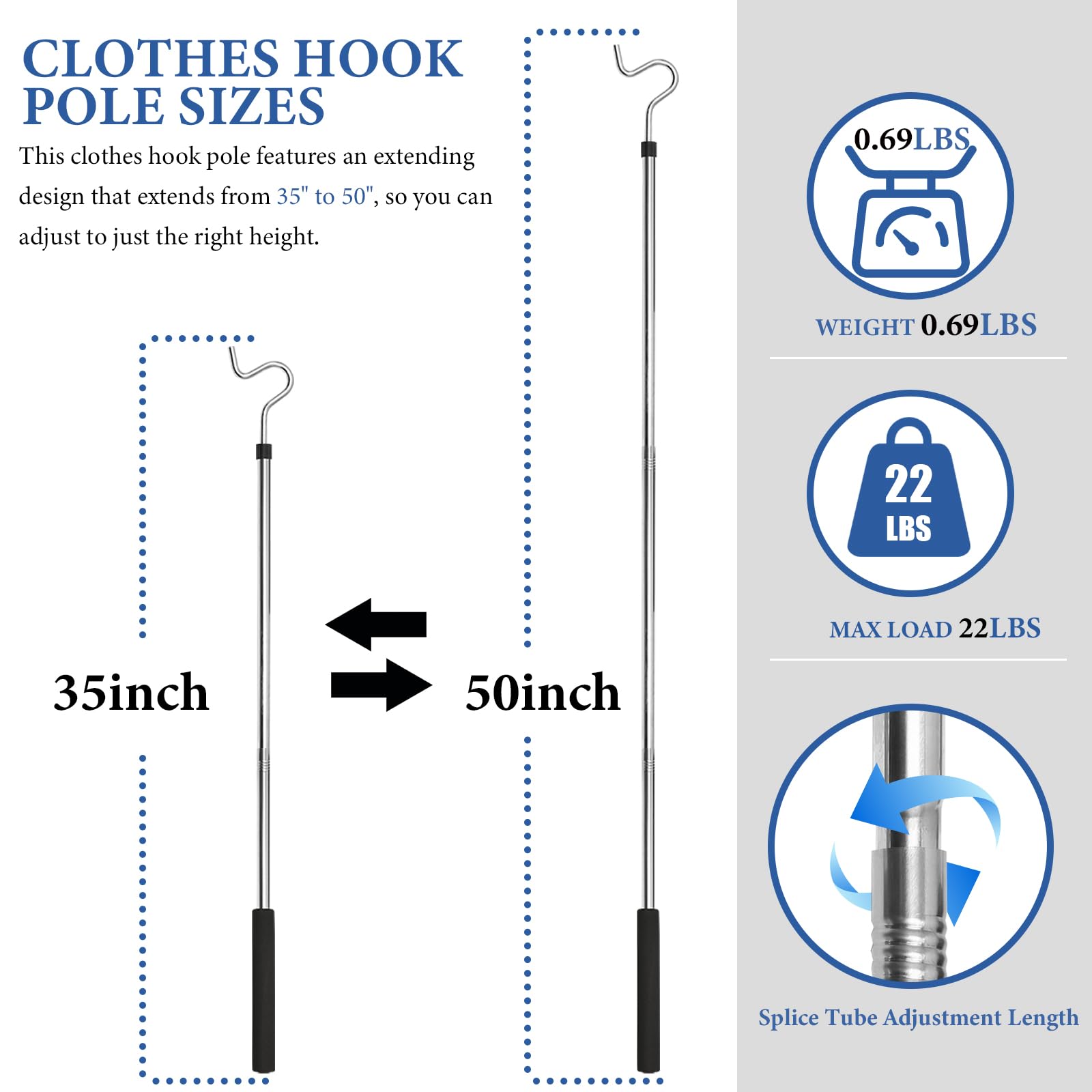Greeily Clothes Hook Pole, Clothes Hanger Reaching Hook for Hanging Clothes Light and Plants Extendable from 35" to 50" Made of Stainless Steel Tube with Sponge Handle (50inch)