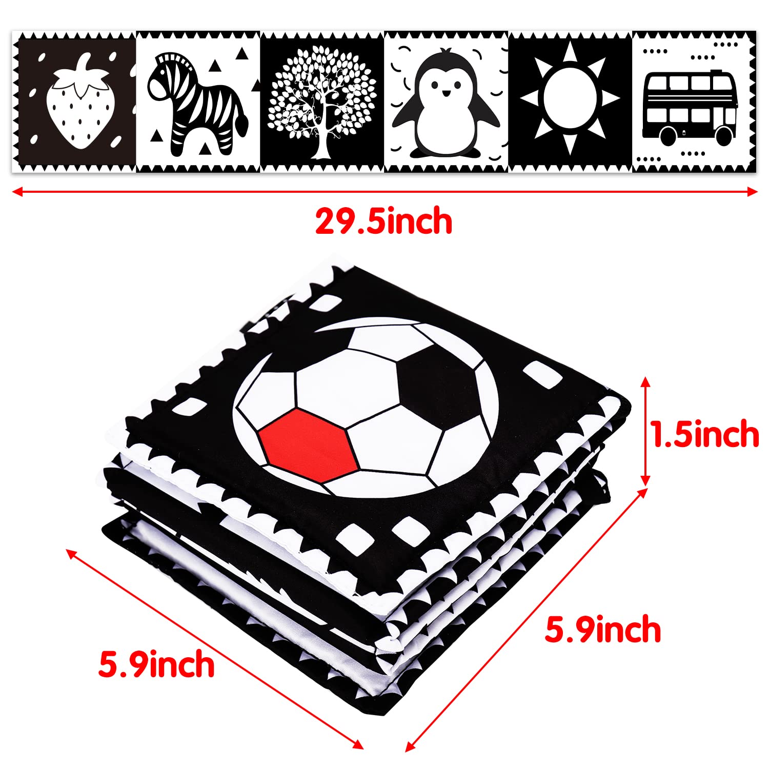 Thremhoo Black and White High Contrast Baby Toys 0-6 Months Soft Book for Brain Development, Tummy Time, Sensory, Montessori Learning Activities