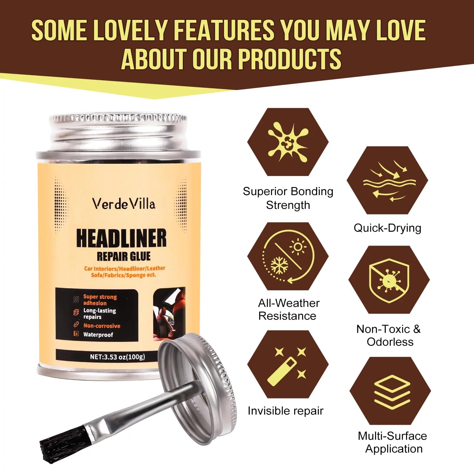 Headliner Repair Glue, Car Headliner Adhesive with Brush, Car Roof Liner Fabric Adhesive, Upholstery Glue for Cars,Headliner Repair Kit, Suitable for Automotive interiors, Fabric, Leather