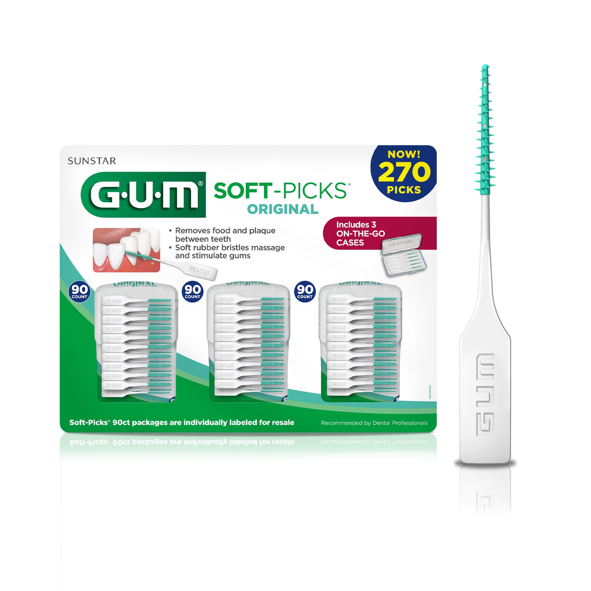 GUM Soft-Picks Original, Easy to Use Dental Picks for Teeth Cleaning and Gum Health, Disposable Interdental Brushes with Convenient Carry Case, Dentist Recommended Dental Picks, 270 Count