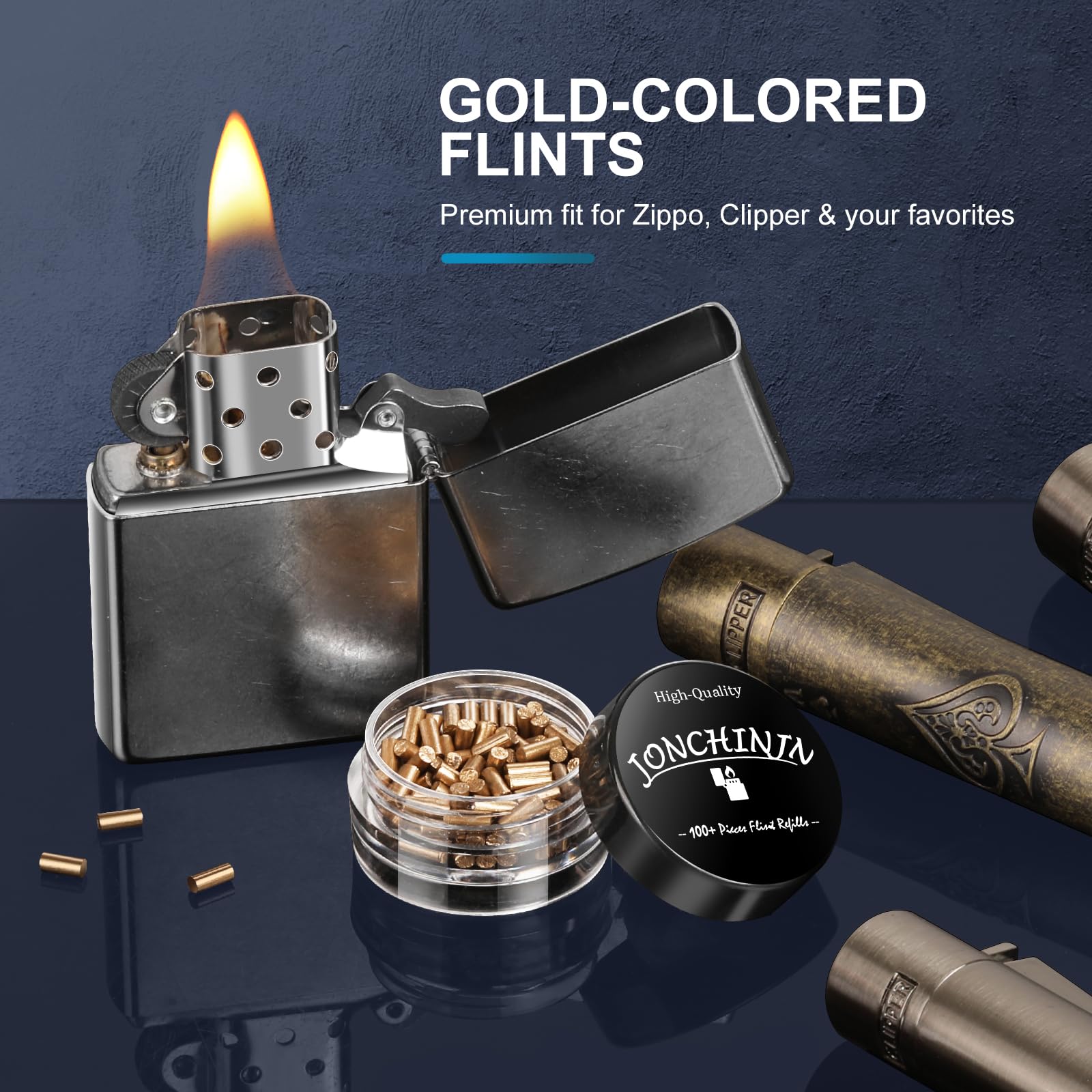 Lighter Flints 100 Pcs, Premium Flint Replacement Refills, Multi-Brand Compatible with Zippo and Clipper, Most Lighters, Long-Lasting, Fast-Igniting and Durable JONCHINJN