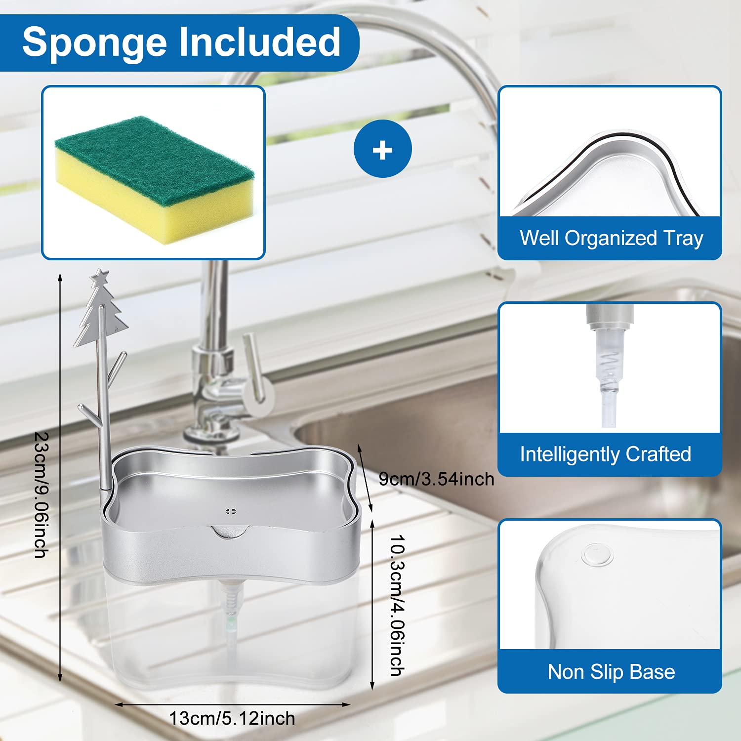 New 2025 Version soap Dispenser with Added Features - Premium Quality Dish Soap Dispenser - Countertop Kitchen Soap Dispenser, Sink Dish Washing 13 Ounces (Sponge Included)