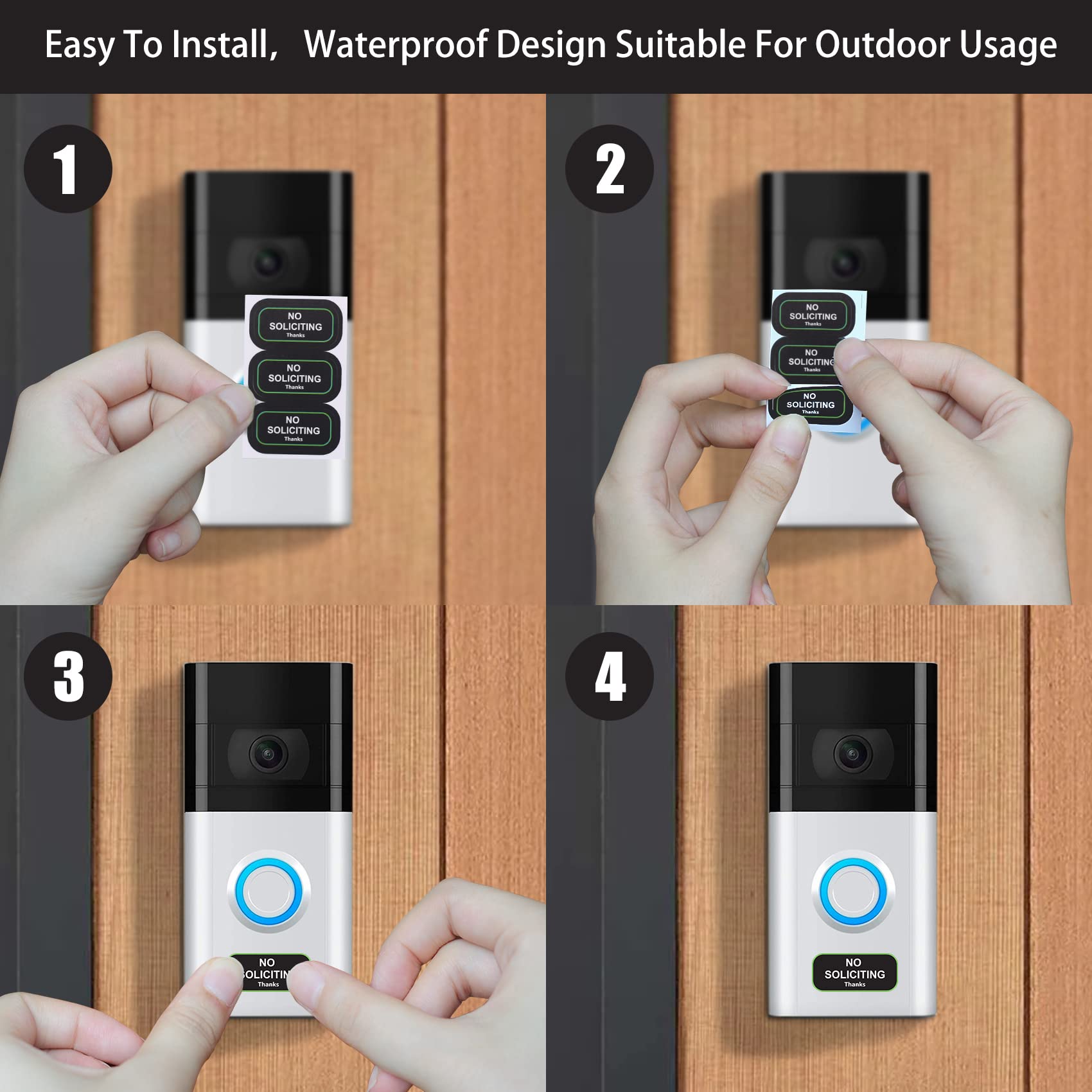 Small No Soliciting Sign for House,1x0.5 Inches Compatible with Most Doorbells,Weatherproof and Sturdy - Easy to Install (3 black and 3 white)