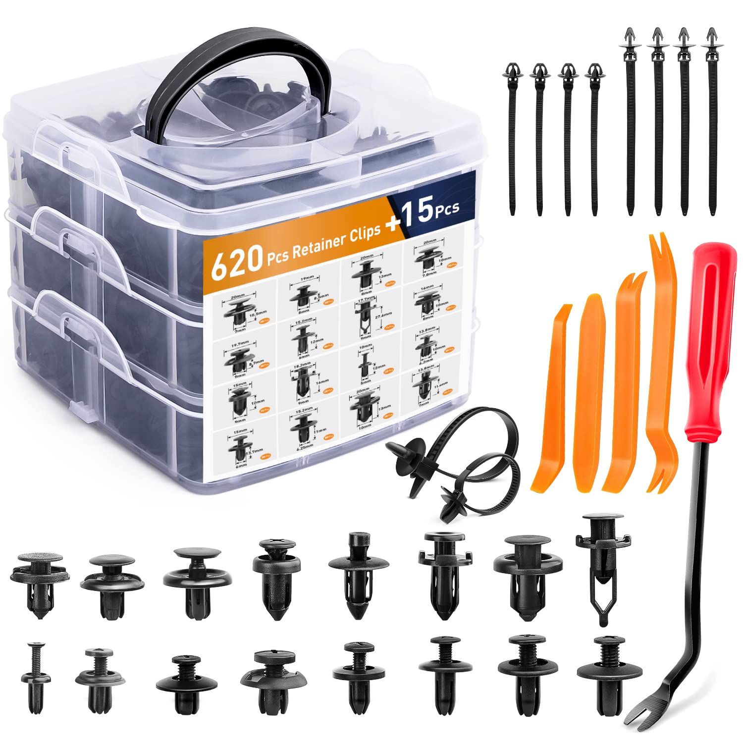 GOOACC 635tlg. Auto Push Retainer Clips & Befestigungssortiment – 16 gängigste Größen, Nylon-Stoßfänger-Kotflügelnieten mit 10 Kabelbindern und Befestigungsentferner für Toyota GM Ford Honda Acura Chrysler