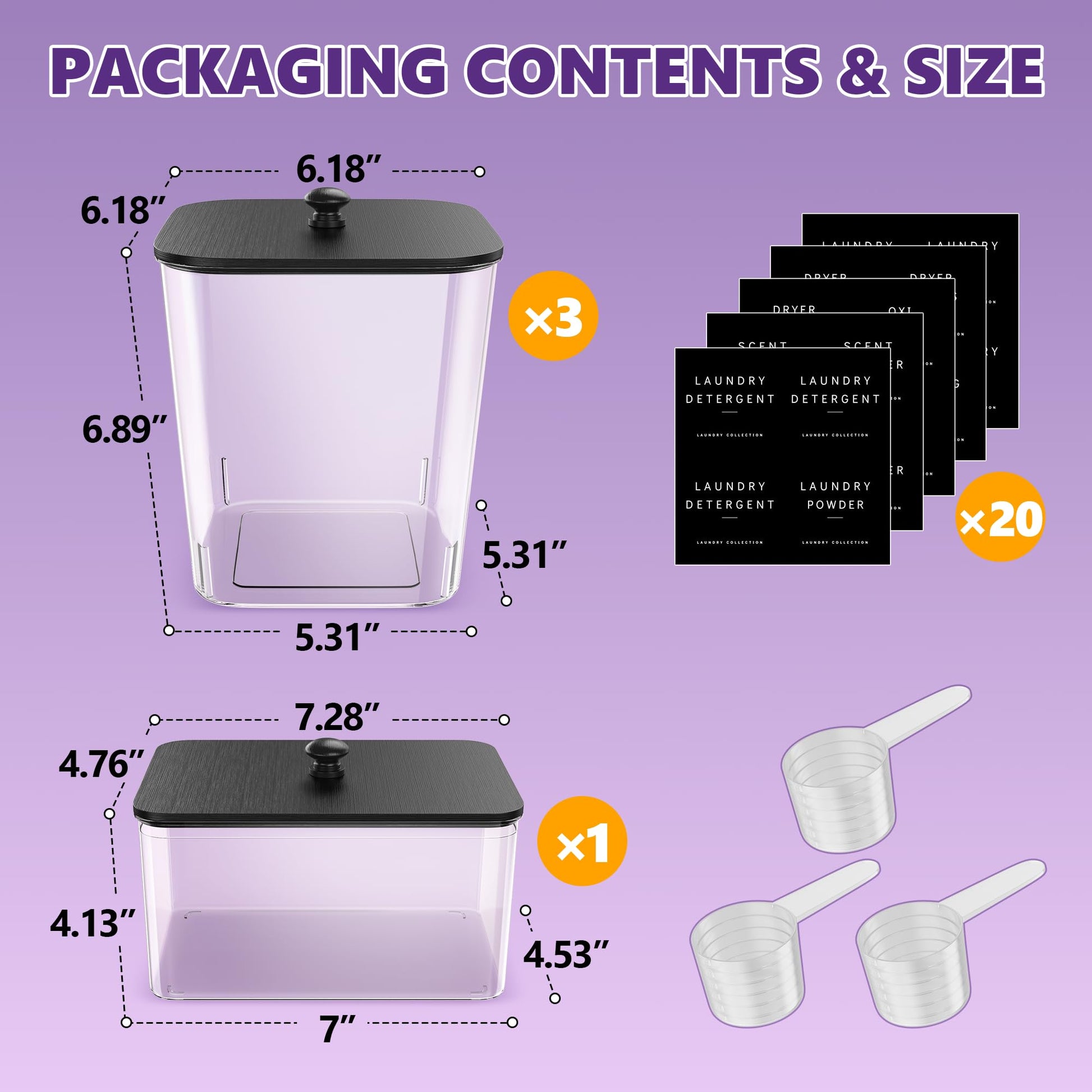 4 Pack Laundry Pods Container, Clear Laundry Room Organization Containers,Large Laundry Detergent Powder Storage Containers Black Wooden Lids & Labels, Acrylic Laundry Pods Holder for Scent Booster