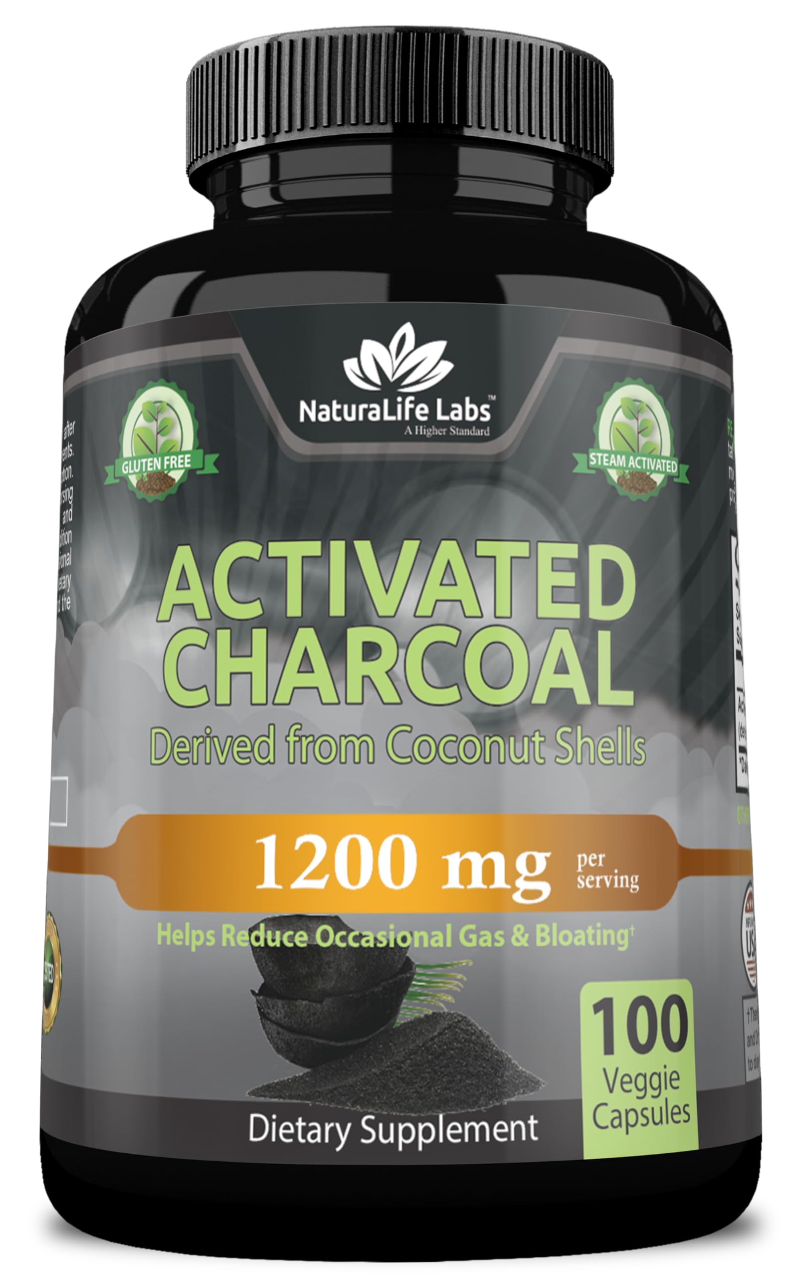 NaturaLife Labs Activated Charcoal 1,200 mg - Highly Absorbent - Supports Relief of Occasional Gas & Bloating - from Coconut Shells - 100 Veg Capsules