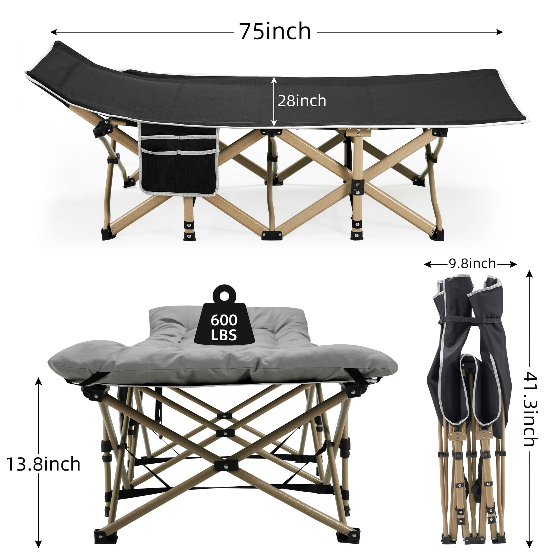 Fragess Portable Camping Cot, 600LBS Max Load, Extra Wide with Thick Mattress, Folding Cot for Outdoor Camping/Office, Home Nap (Grey)