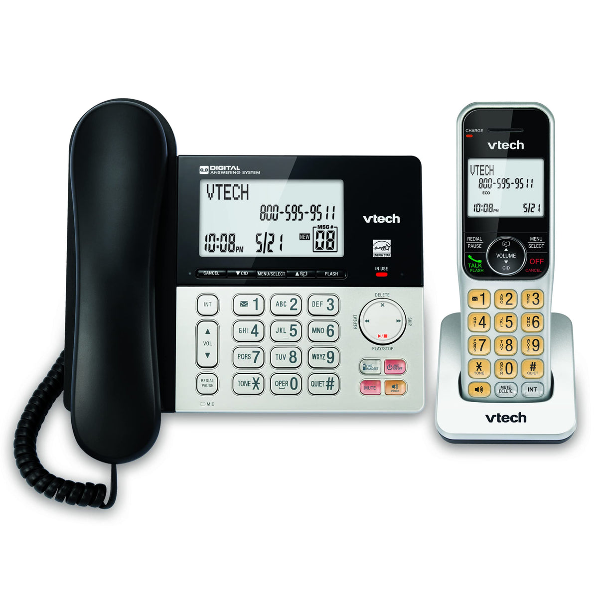 VTech VG208 DECT 6.0 Schnurlostelefon für zu Hause mit Anrufbeantworter, Anrufblockierung, Anrufer-ID, großem hintergrundbeleuchtetem Display, Vollduplex-Freisprecheinrichtung, Intercom, Leitungsstrom (Silber/Schwarz)