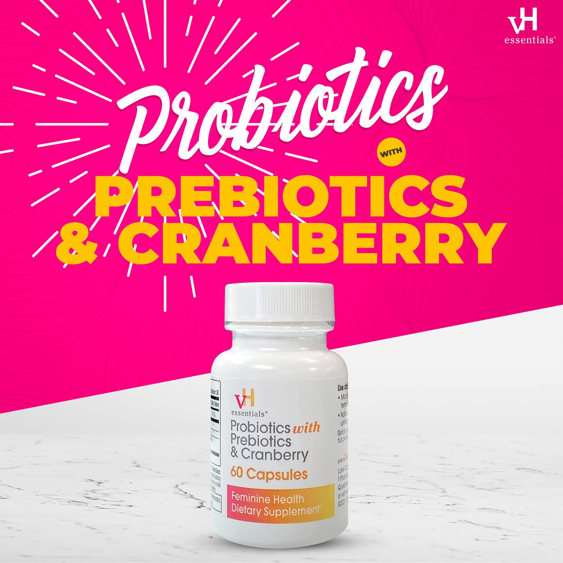 vH Essentials Probiotics for Women with Prebiotics, Cranberry & Vitamin C - 60 Capsules (30 Day Supply) - Vaginal Probiotics Support Gut Balance, Vaginal Health & Urinary Tract Health for Women