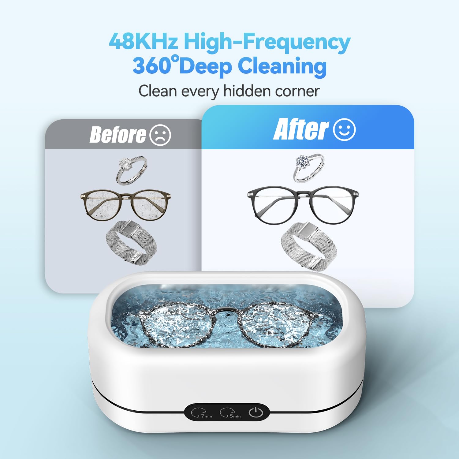 BYASKZIV Ultrasonic Jewelry Cleaner, 48KHz Ultrasonic Cleaner Machine for Jewelry, Eyeglasses, Rings, Watch Strap, Dentures- Dual Cleaning Modes, 304 Stainless Steel Tank