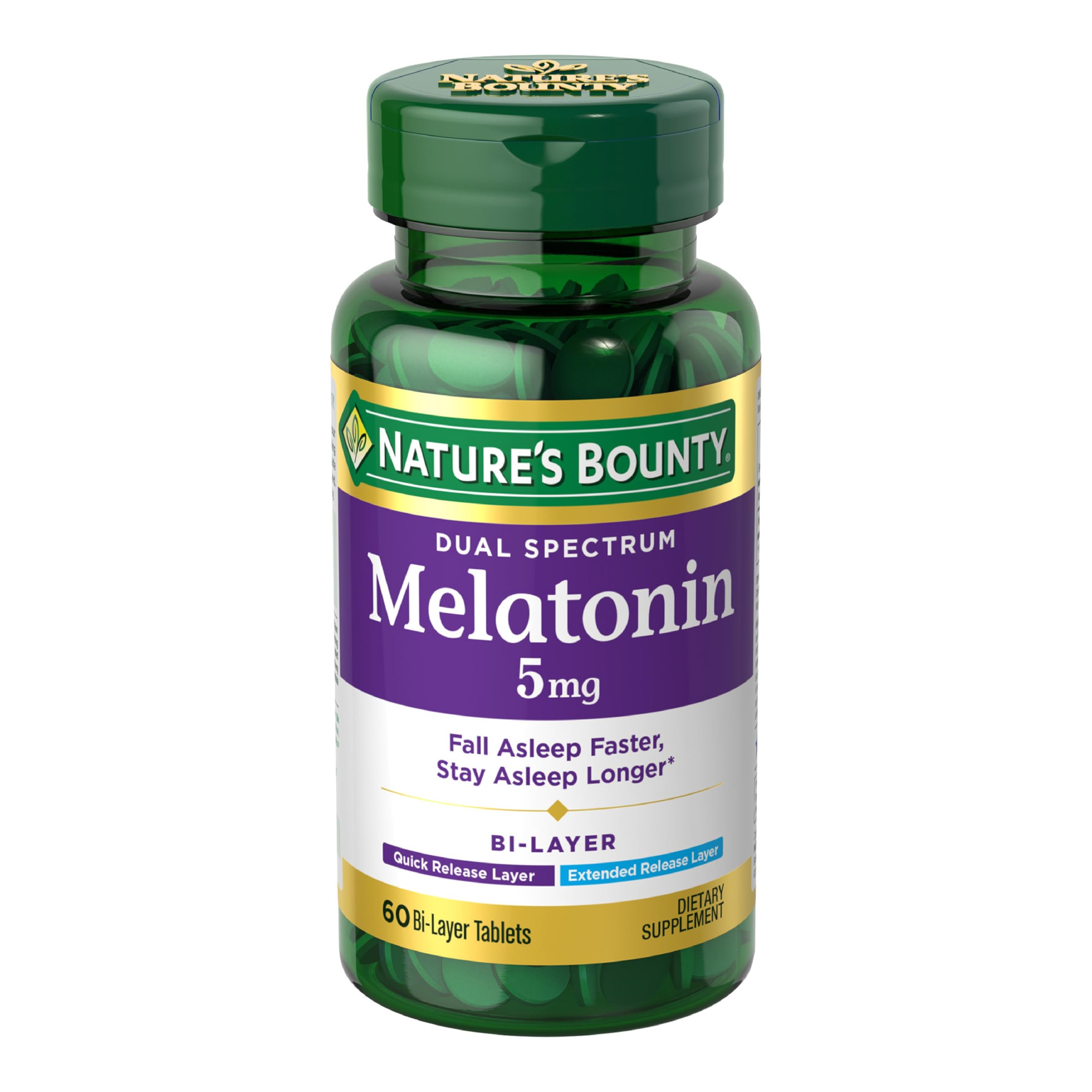 Nature's Bounty Melatonin 5mg Dual Spectrum, 100% Drug Free Sleep Supplement, Quick Release and Extended Release, Promotes Relaxation and Sleep Health, 60 Bi-Layer Tablets