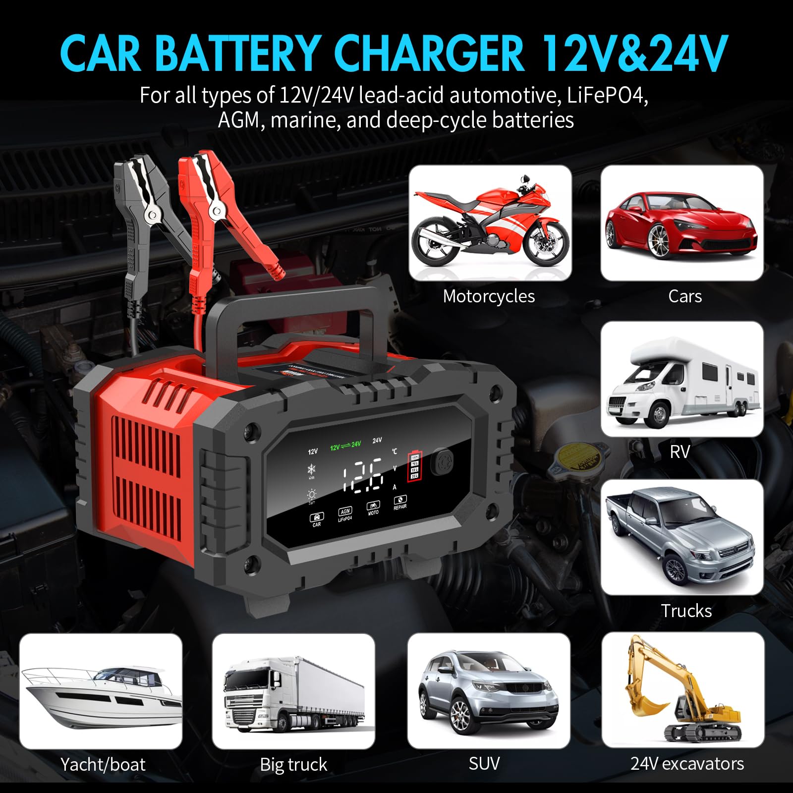 YONHAN Battery Charger 20A 12V/24V LiFePO4 Lead Acid Fully Automatic Battery Maintainer, Car Battery Trickle Charger Automotive w/Repair, Winter Mode, for AGM, STD, Gel, Deep Cycle Batteries