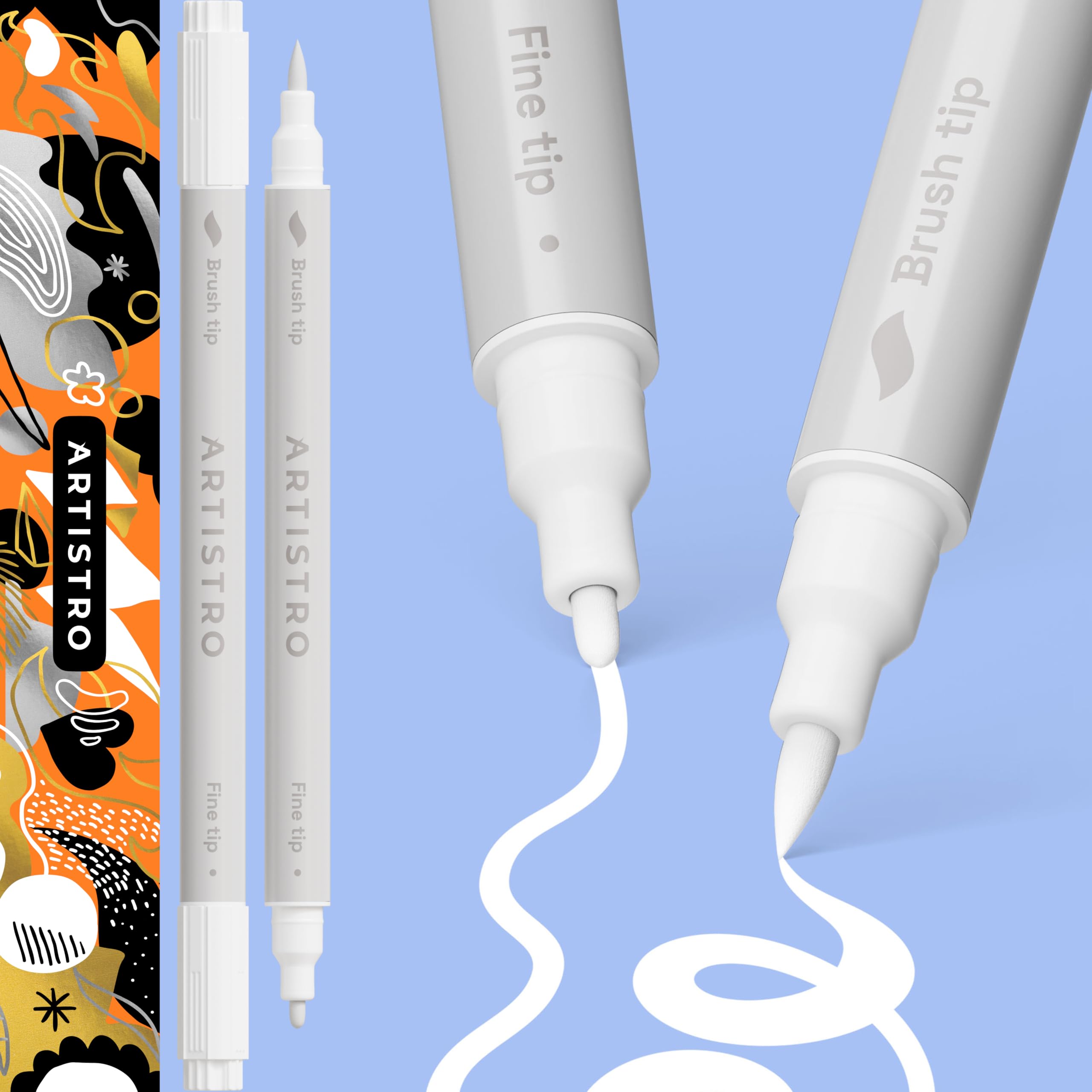 ARTISTRO 2 White Dual-Tip Acrylic Paint Pens - Multisurface Markers for Glass, Rock, Fabric, Wood, Plastic & More - 1 mm Fine & Brush Tips
