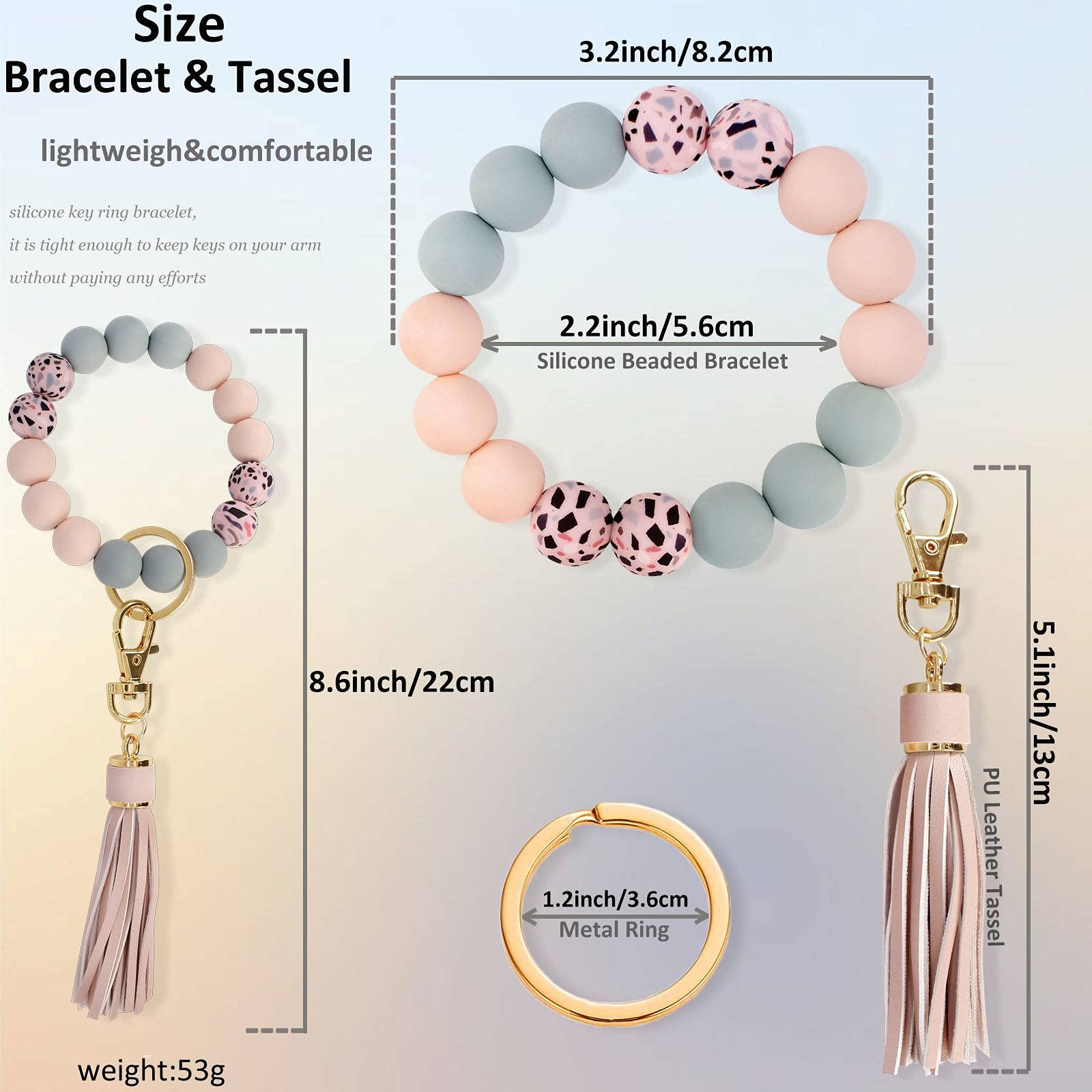 BIHRTC Keychain Wristlet Bracelet Silicone Key Ring Bracelet Wristlet Keychain with Leather Tassel Wrist Key Ring Bangle Silicone Bead keyring for Women