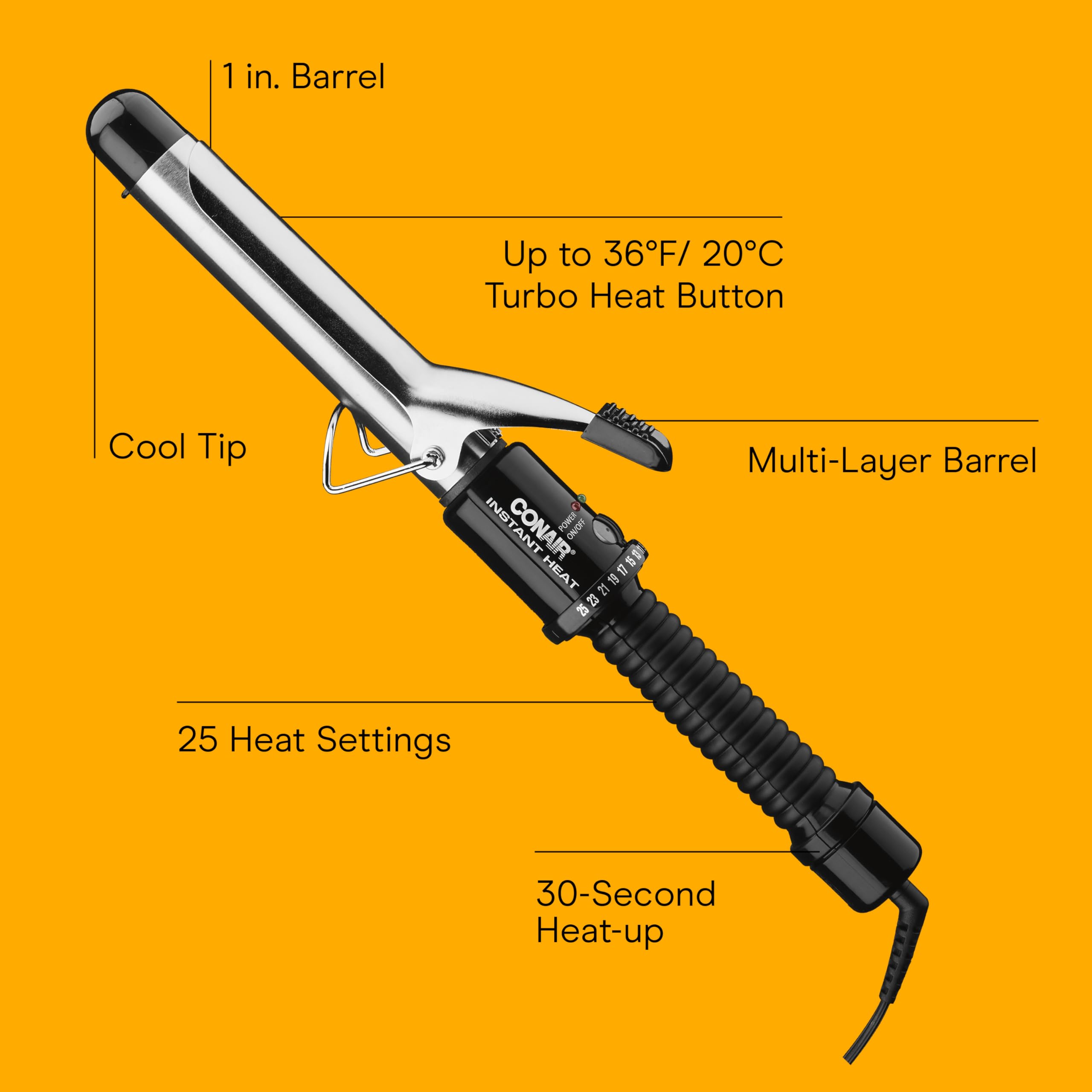 Conair Instant Heat 1-Inch Curling Iron, 1-Inch Barrel Produces Classic Curls, Hair Curler for Short, Medium, and Long Hair, 25 Heat Setting Curling Iron, Black