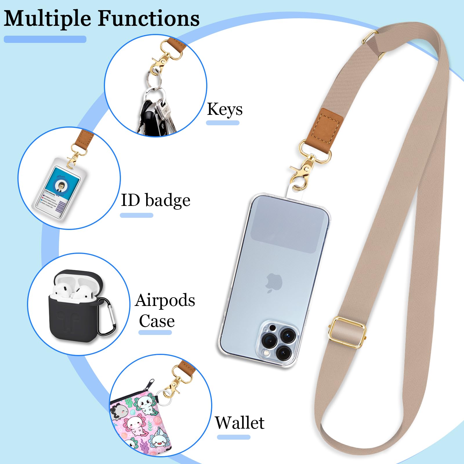 Yonlevres Phone Lanyard Crossbody Strap, Beige Cell Phone Lanyards for around the Neck Wristlet Wrist Strap Solid Color Adjustable for Keys Case Accessories Travel Essentials